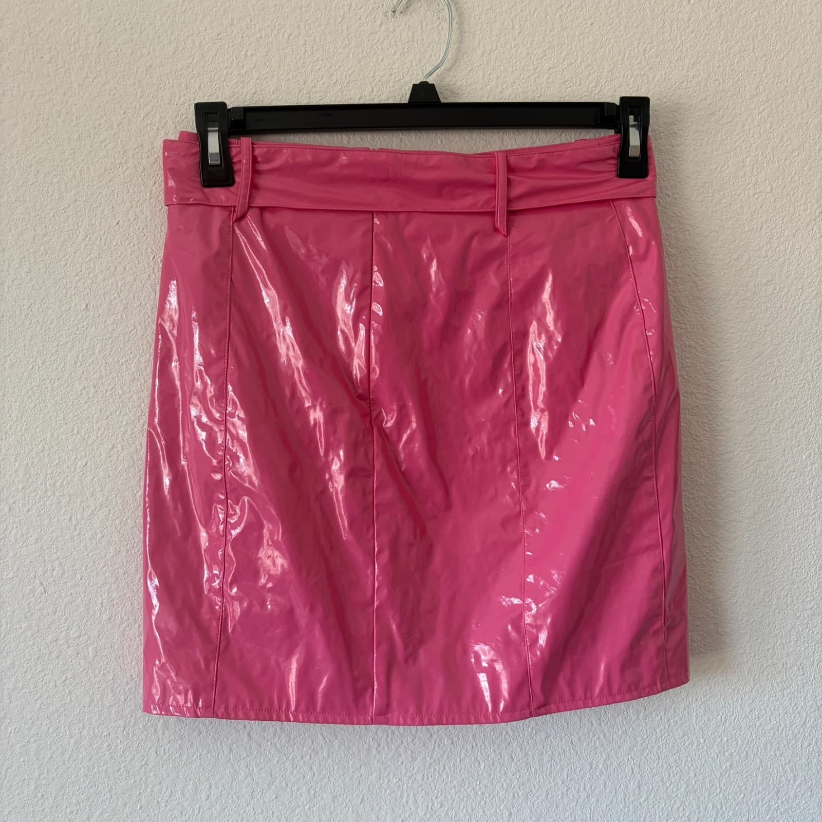 Hours Pink Vinyl Mini Skirt Belted High Waist Glossy Slit Size S Retro Festival - Thumbnail 3