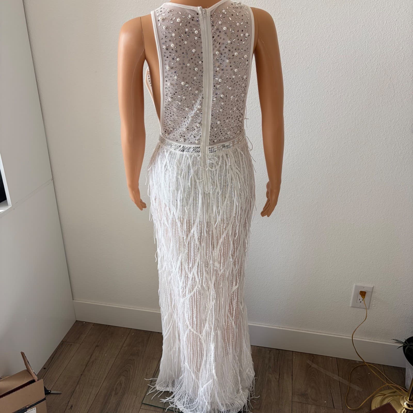 Fashion Nova Fringe Bodysuit Gown Women MED White Pearl Sequin Slit Maxi Dress - Thumbnail 6