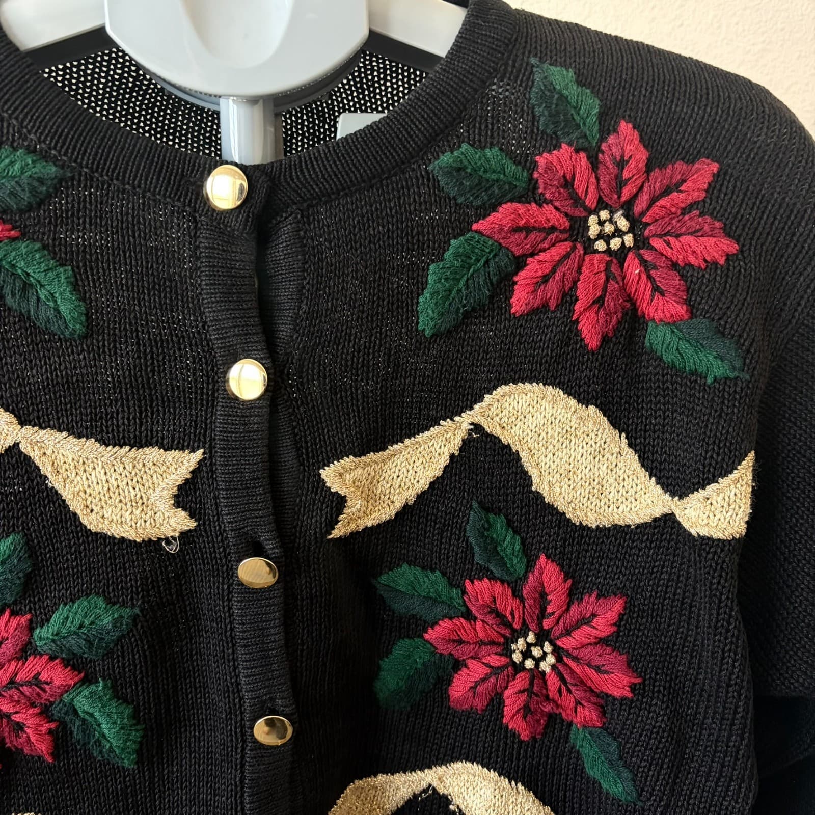 Vtg Dress Barn Christmas Cardigan Embroidered Flowers Holiday Medium Black FLAW - Thumbnail 2