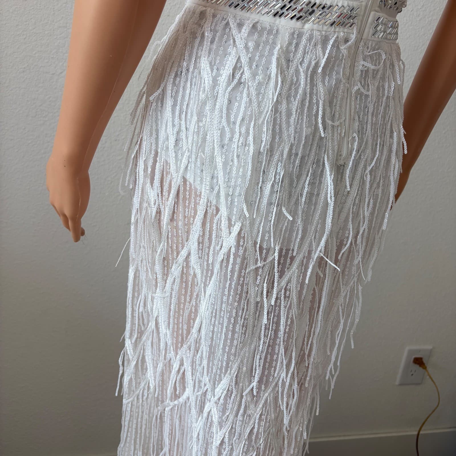 Fashion Nova Fringe Bodysuit Gown Women MED White Pearl Sequin Slit Maxi Dress - Thumbnail 7