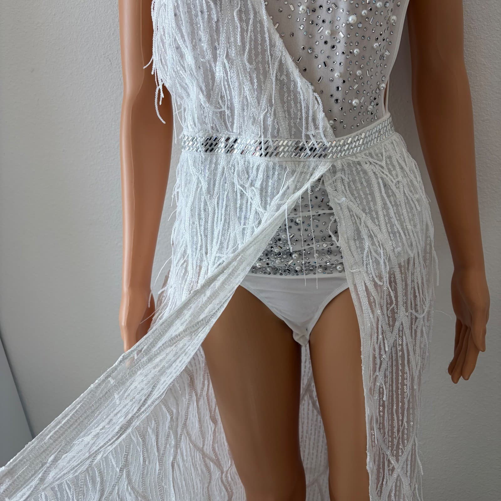 Fashion Nova Fringe Bodysuit Gown Women MED White Pearl Sequin Slit Maxi Dress - Thumbnail 4