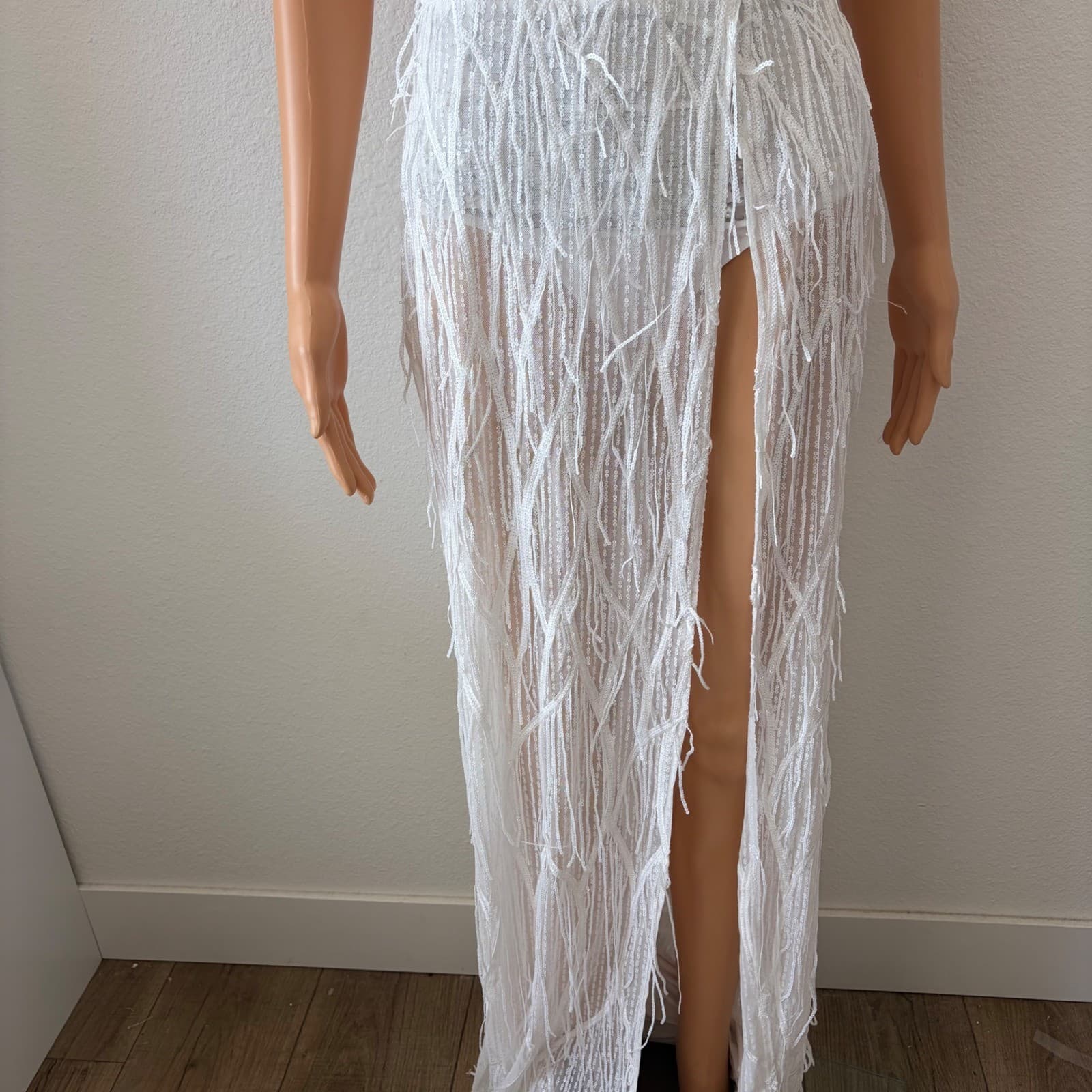 Fashion Nova Fringe Bodysuit Gown Women MED White Pearl Sequin Slit Maxi Dress - Thumbnail 5