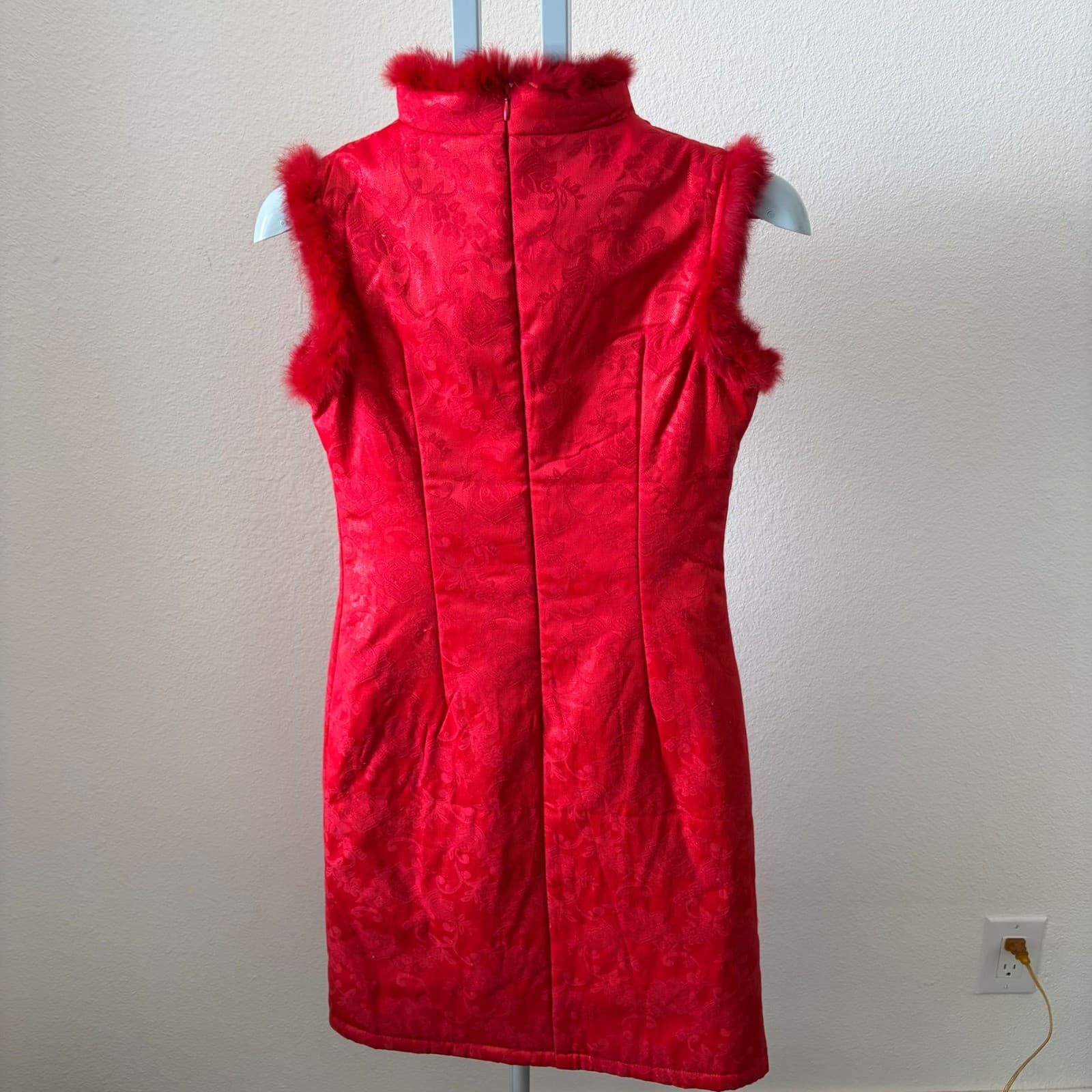 Shangxianyue Cheongsam Dress Womens L Red Brocade Faux Fur Trim Floral Oriental - Thumbnail 3
