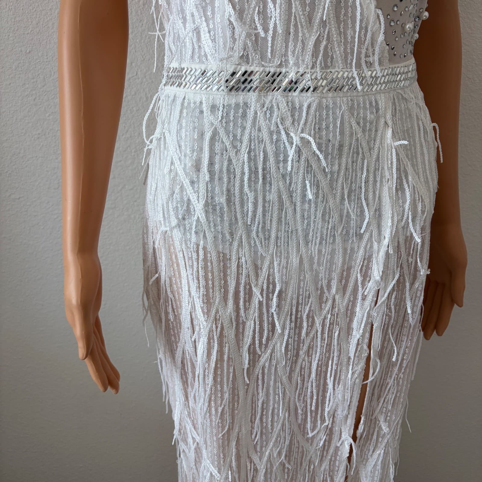 Fashion Nova Fringe Bodysuit Gown Women MED White Pearl Sequin Slit Maxi Dress - Thumbnail 3