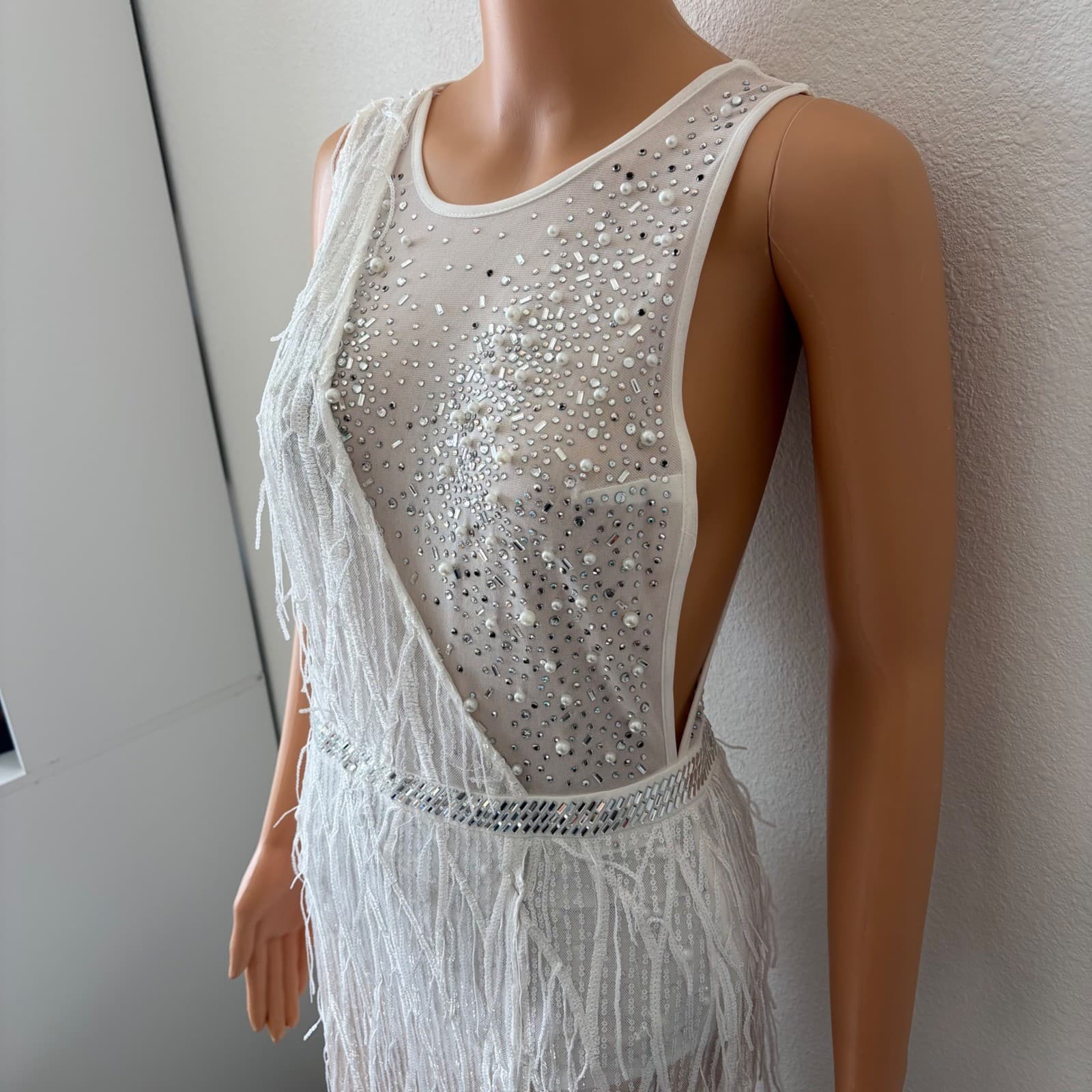 Fashion Nova Fringe Bodysuit Gown Women MED White Pearl Sequin Slit Maxi Dress - Thumbnail 2