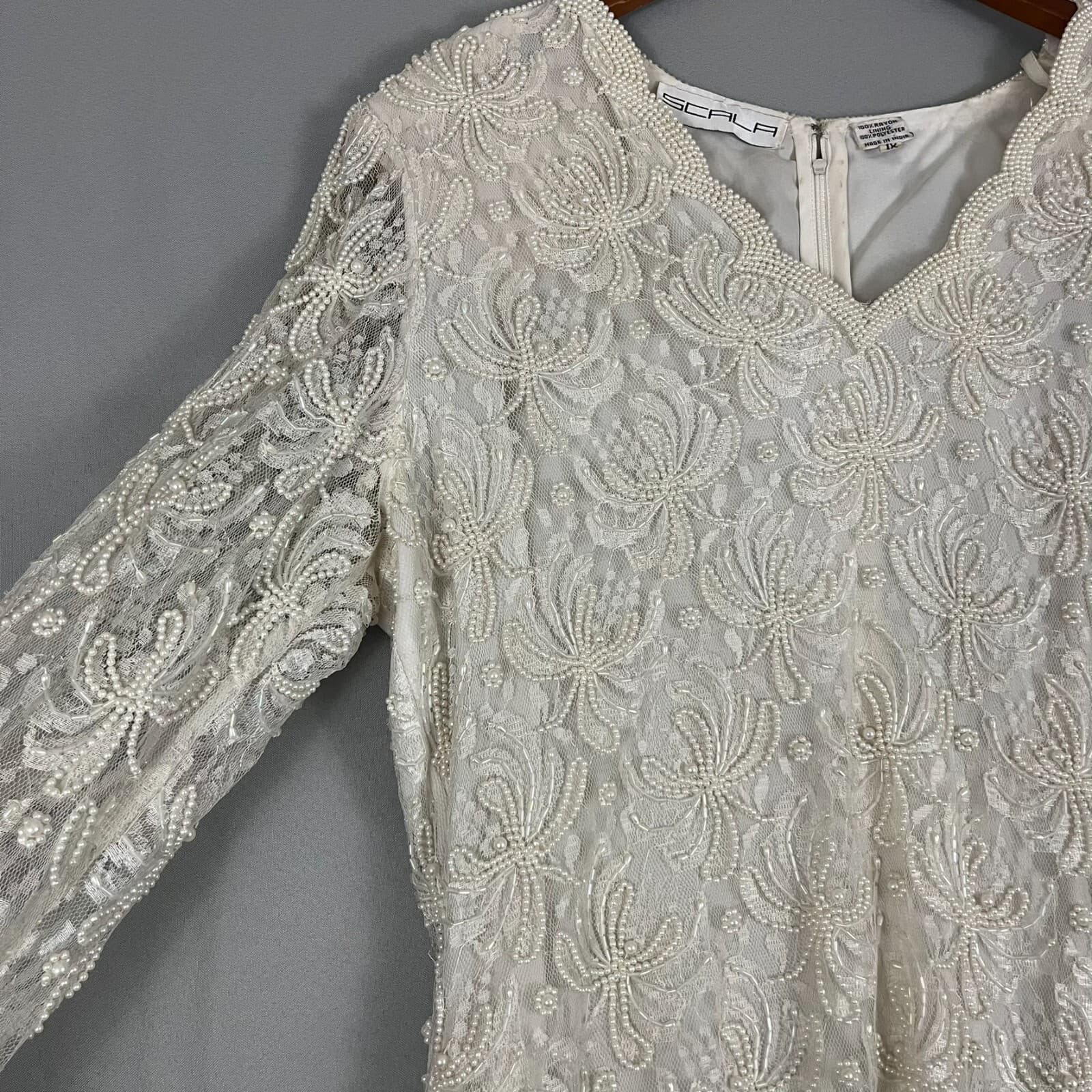 Vintage Scala Dress Women's 1X Ivory Floral Gown Shoulder Pads Formal Wedding - Thumbnail 3