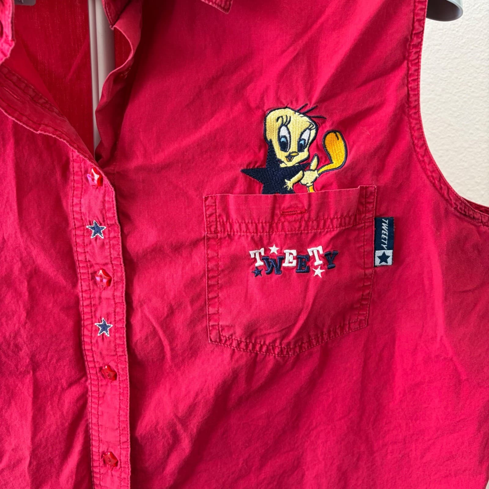 Looney Tunes Tweety Bird Shirt Women 18W/20W Red Vintage Star Button Sleeveless - Thumbnail 2