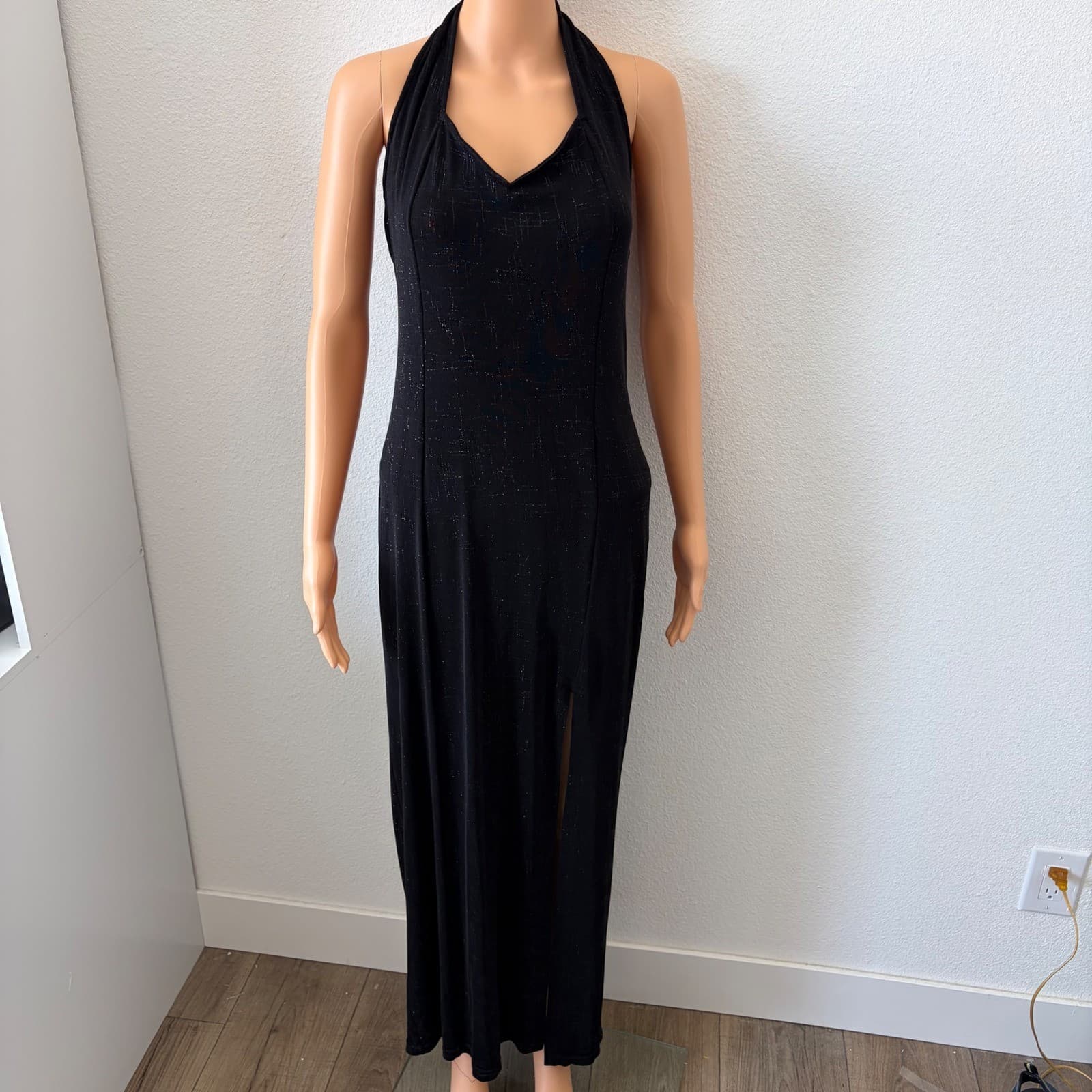 Luly K Maxi Dress Women LG Black Vintage 90s Y2K Halter Open Back Glitter Prom - Thumbnail 2
