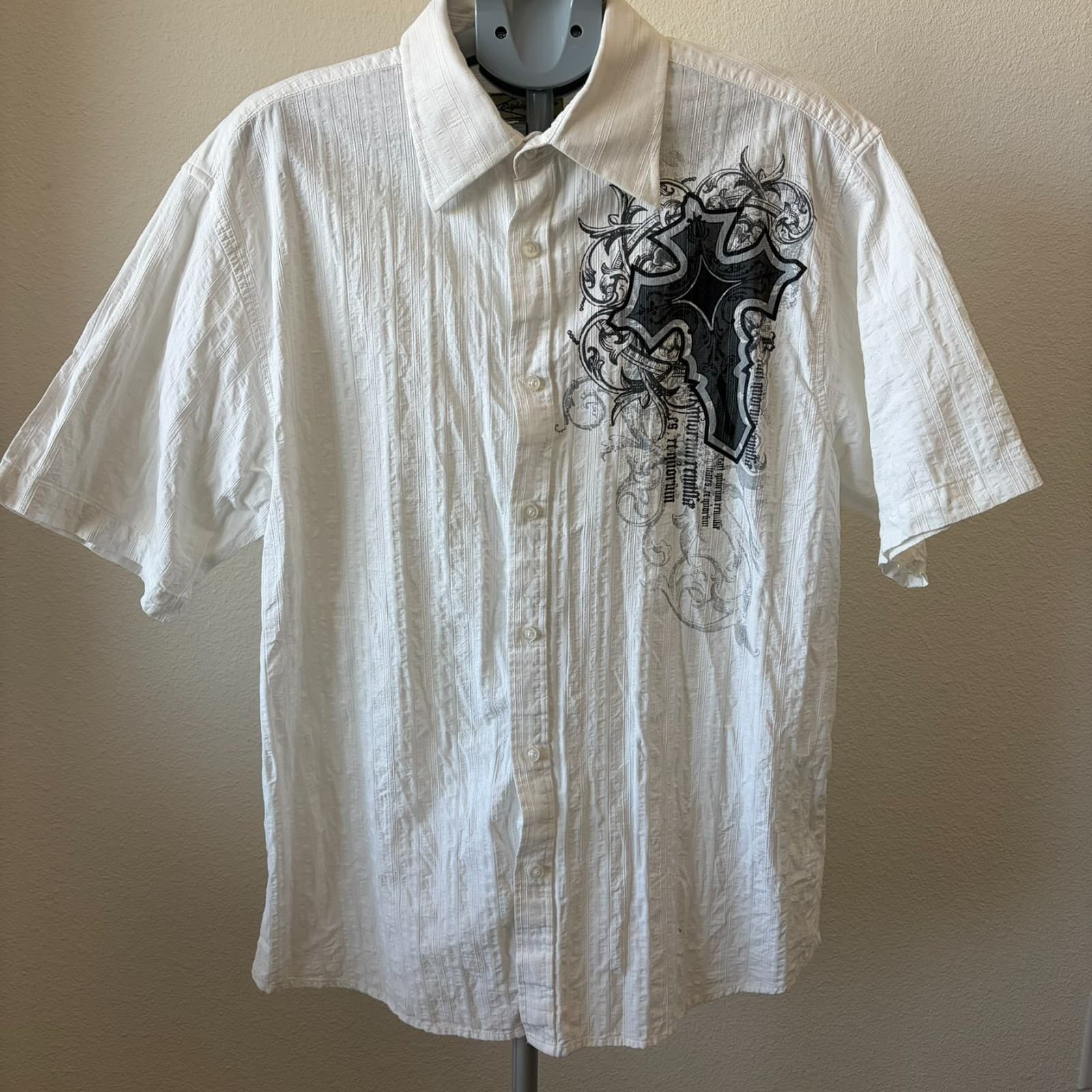VTG Eighty Eight Button Short Sleeve Shirt Mens XL White Cross Grunge Y2K Punk - Thumbnail 2