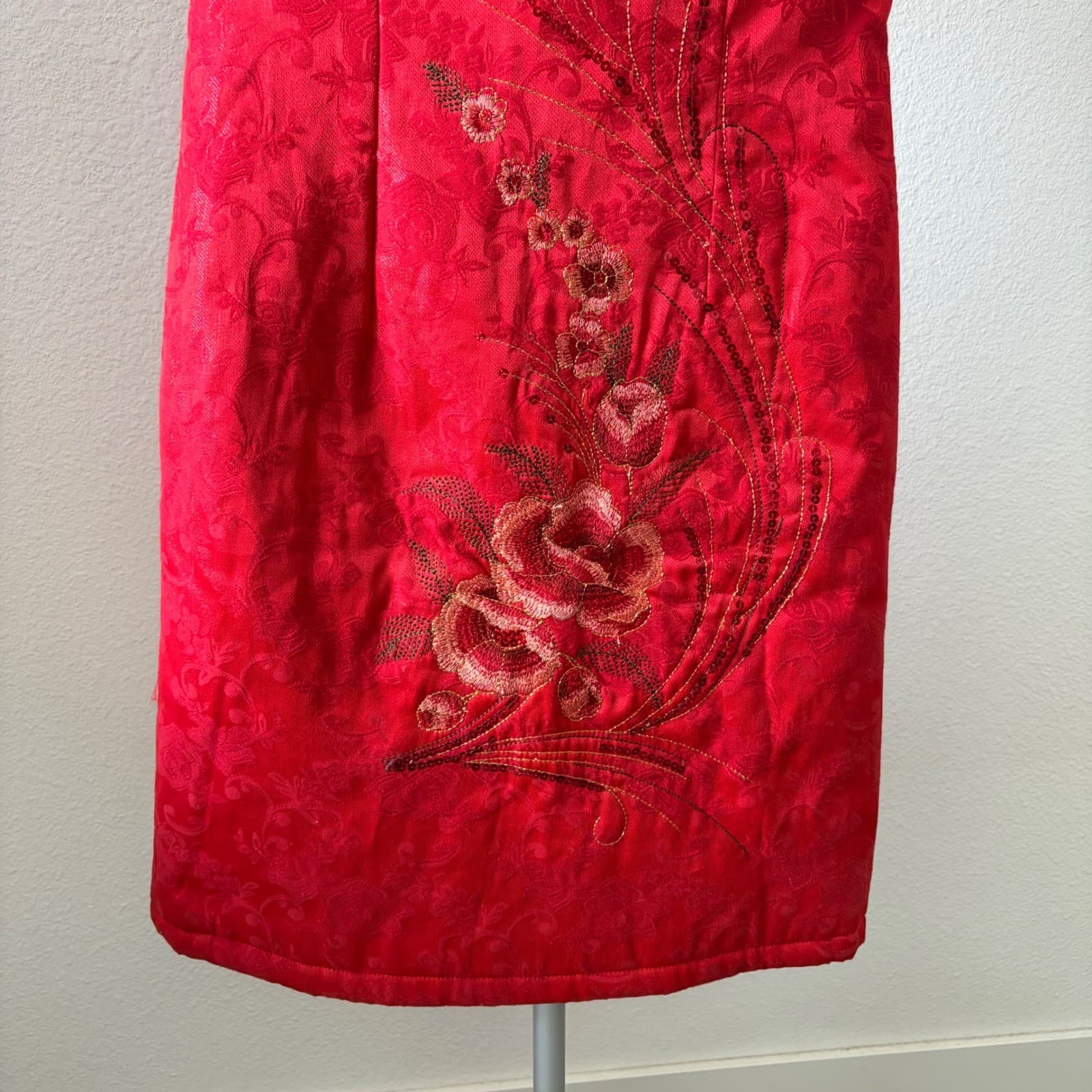 Shangxianyue Cheongsam Dress Womens L Red Brocade Faux Fur Trim Floral Oriental - Thumbnail 2