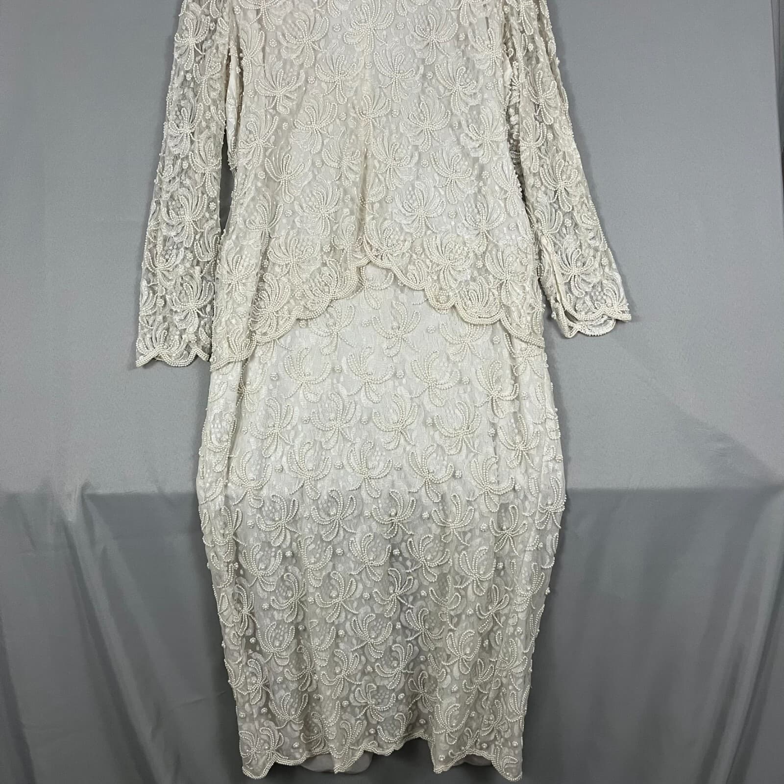 Vintage Scala Dress Women's 1X Ivory Floral Gown Shoulder Pads Formal Wedding - Thumbnail 2