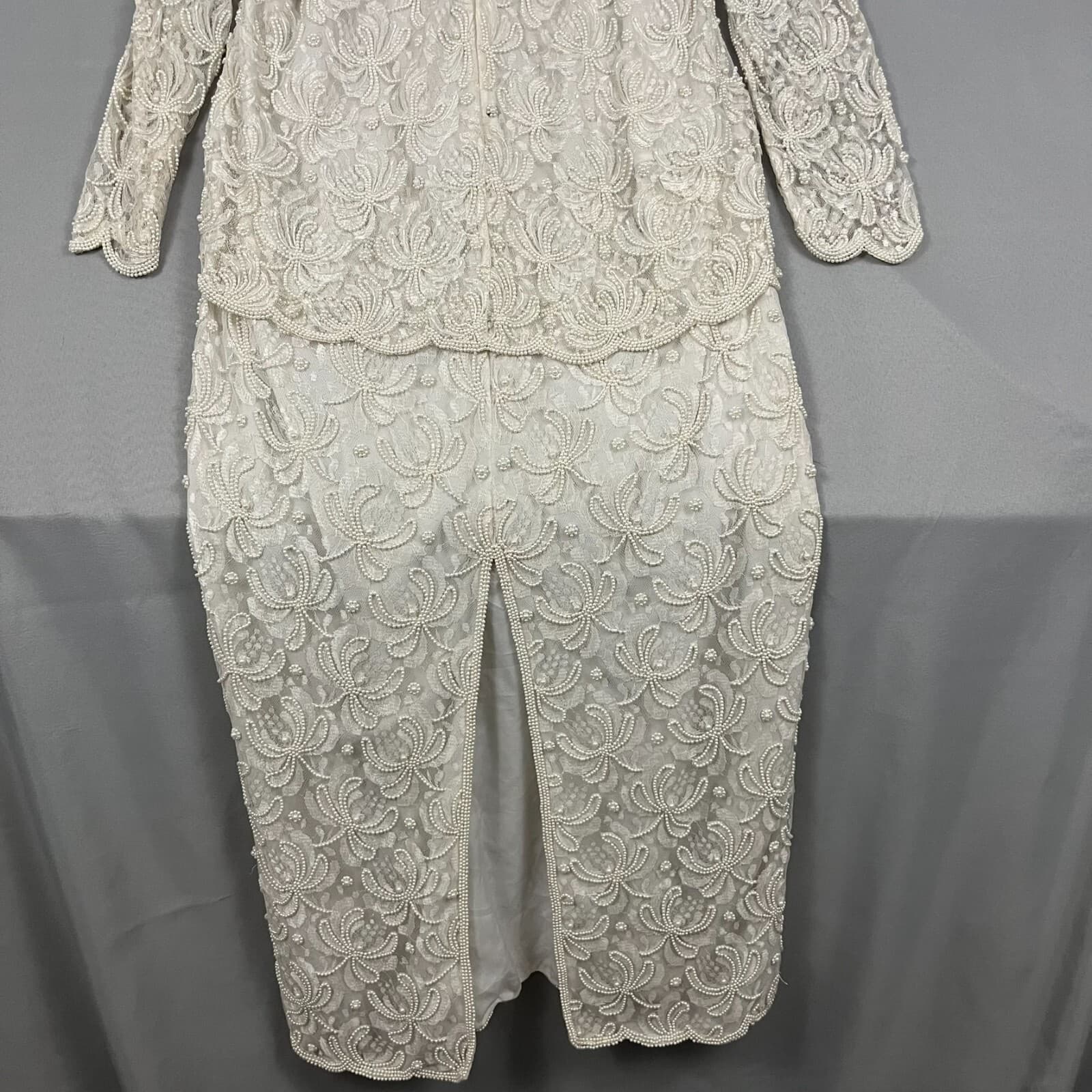 Vintage Scala Dress Women's 1X Ivory Floral Gown Shoulder Pads Formal Wedding - Thumbnail 8