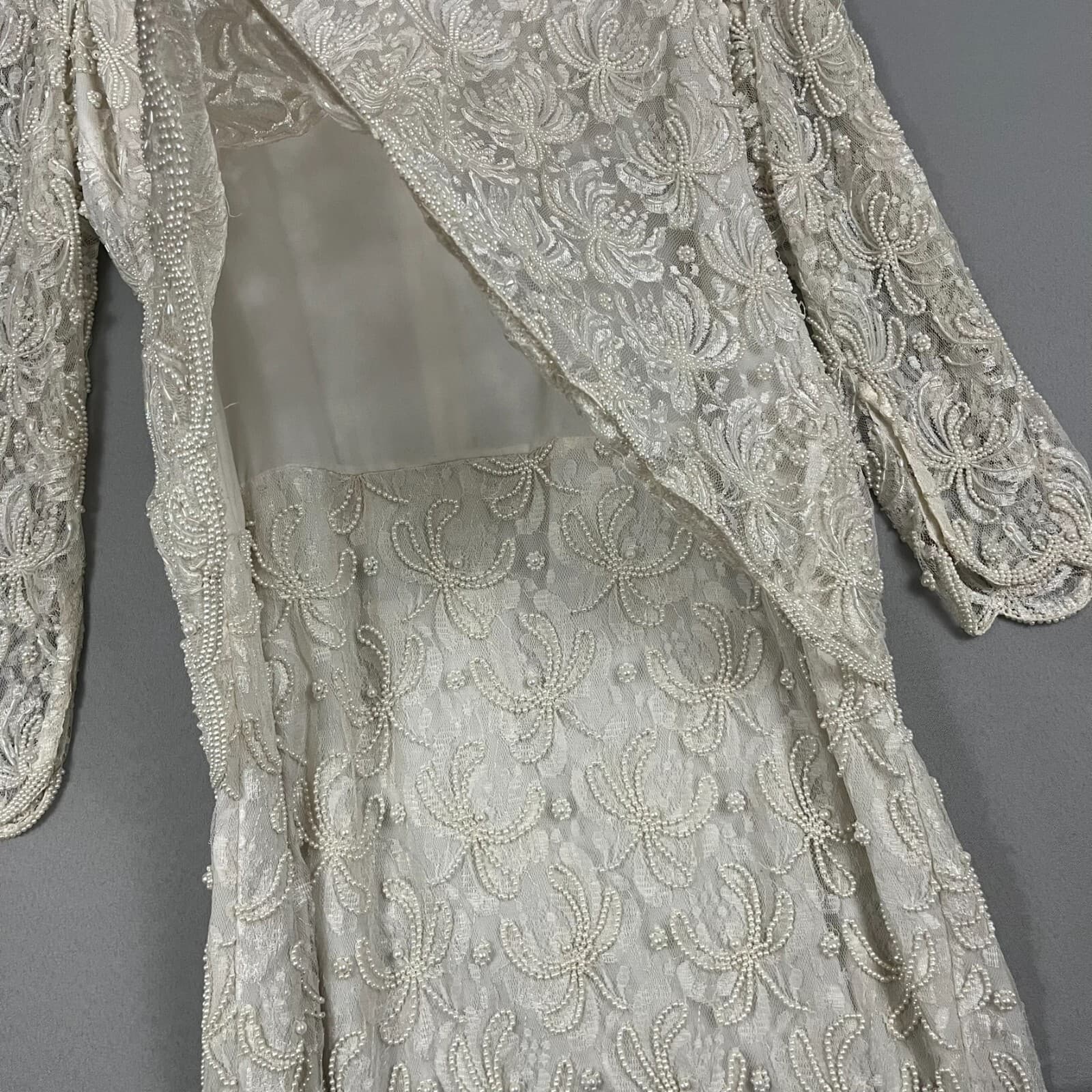 Vintage Scala Dress Women's 1X Ivory Floral Gown Shoulder Pads Formal Wedding - Thumbnail 5