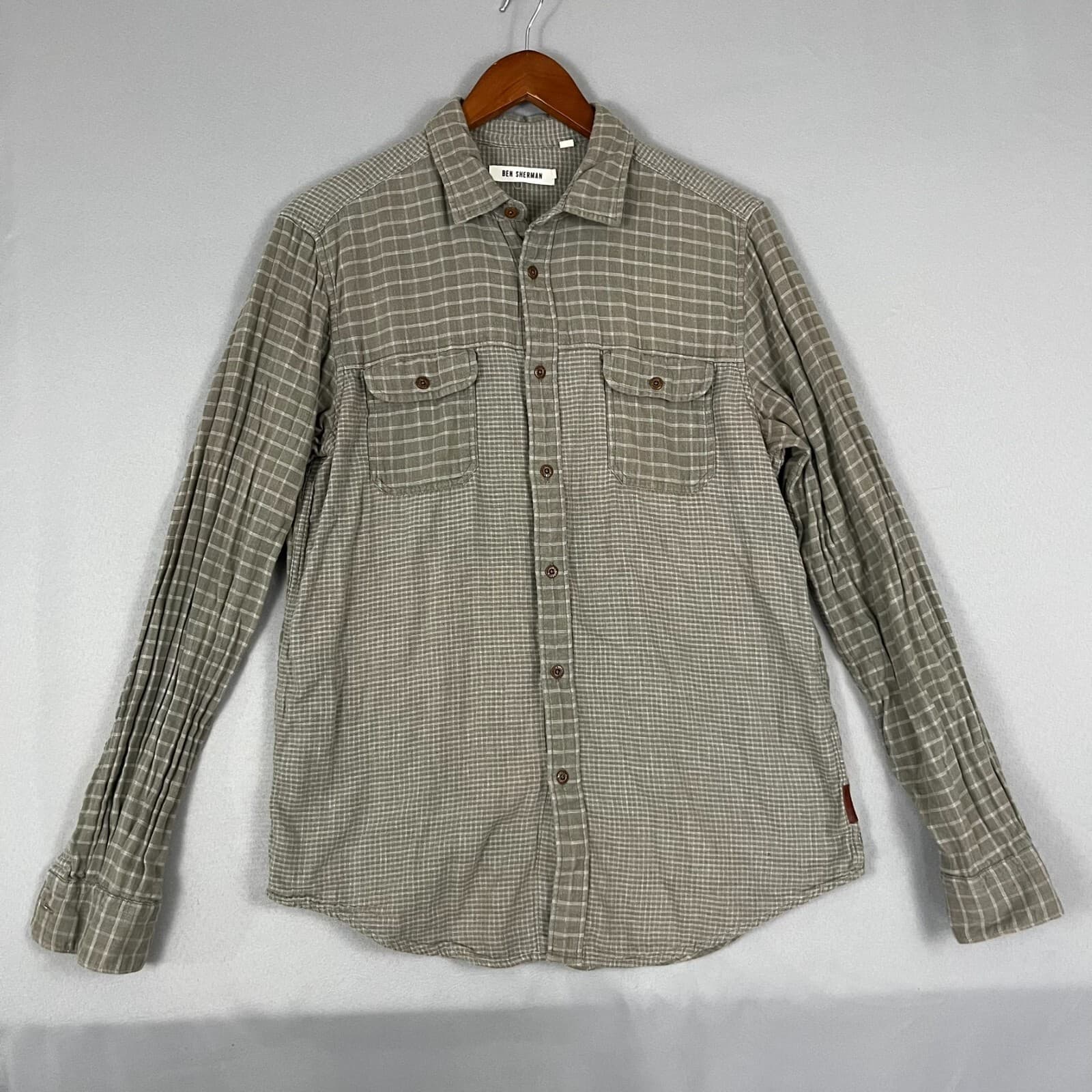 Ben Sherman Shirt Men's Large Olive Green Check Classic Pockets Button Up Grunge - Thumbnail 2