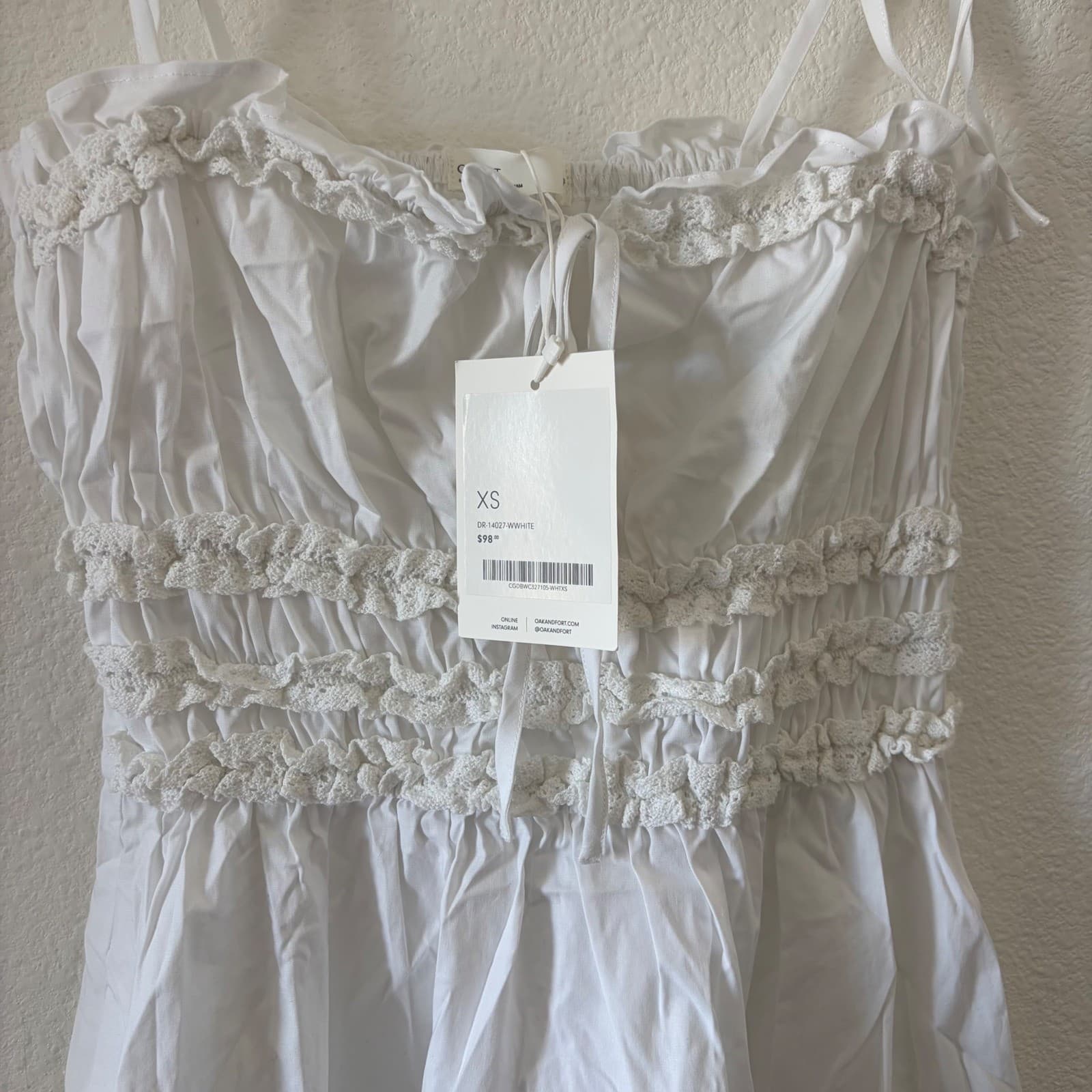 Oak + Fort Smocked Crochet Trim Midi Dress Womens XS White Tie Strap Pockets - Thumbnail 2