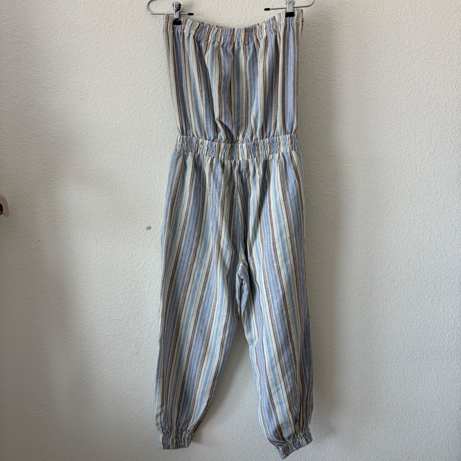Bishop + Young Jumpsuit Women Size M Blue Striped Strapless Cotton Gauze - Thumbnail 5