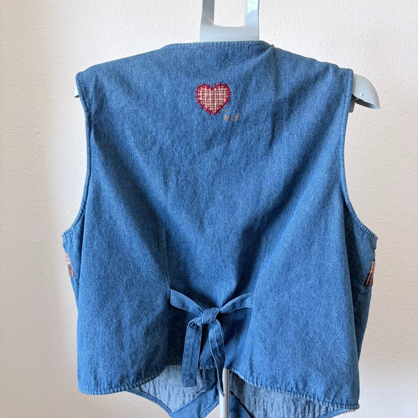 Vintage Denim Farm Vest Embroidered Cow Rooster Plaid Ruffles XL Grandma Novelty - Thumbnail 6