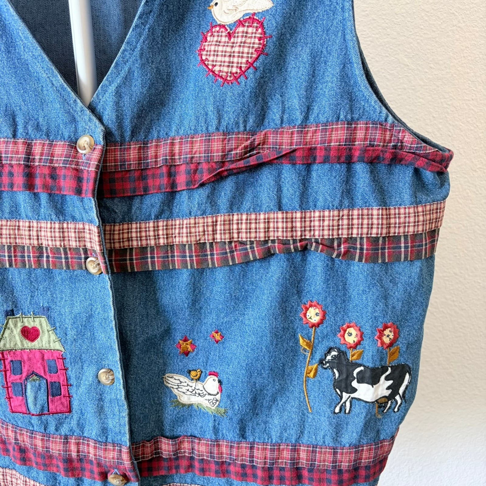 Vintage Denim Farm Vest Embroidered Cow Rooster Plaid Ruffles XL Grandma Novelty - Thumbnail 4