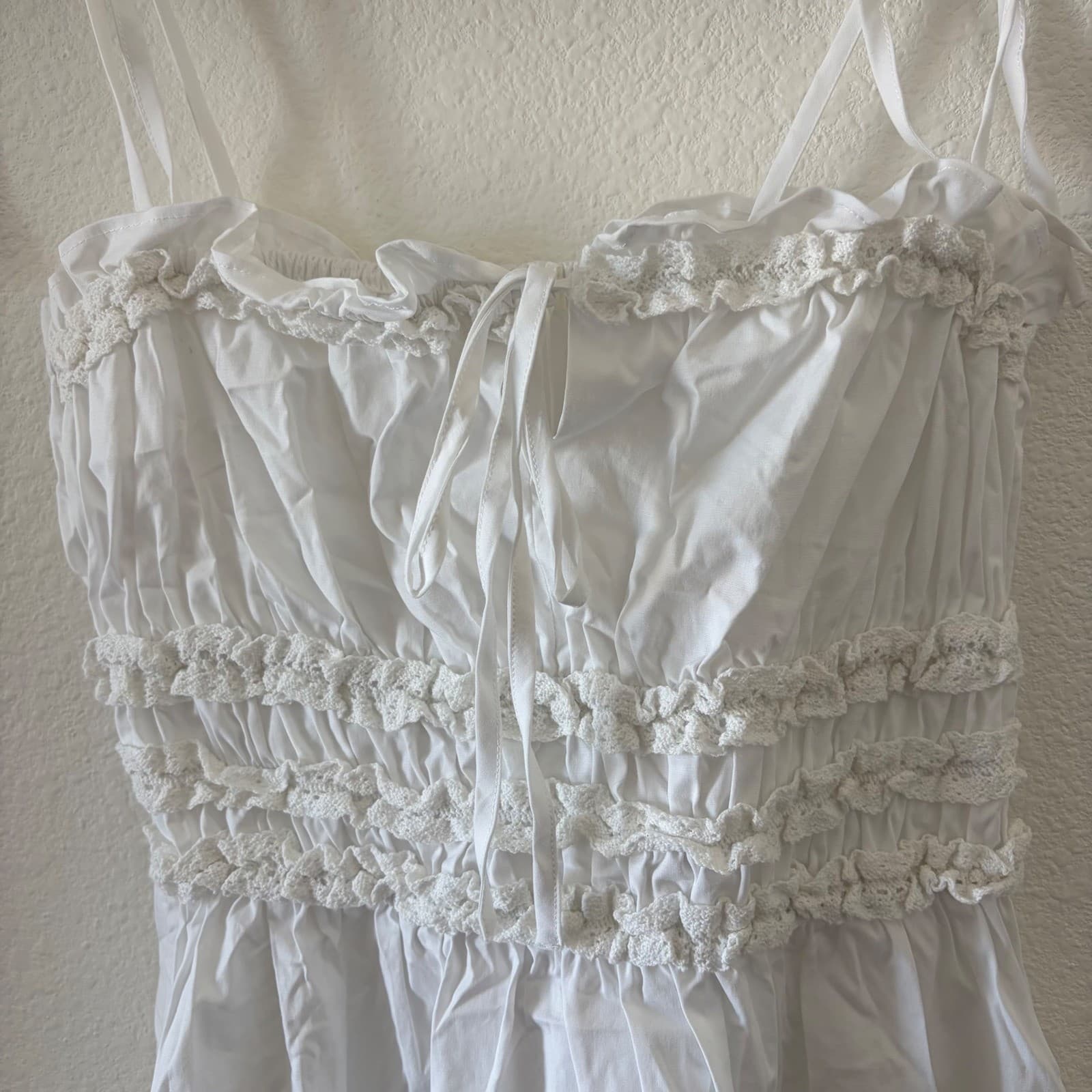 Oak + Fort Smocked Crochet Trim Midi Dress Womens XS White Tie Strap Pockets - Thumbnail 3