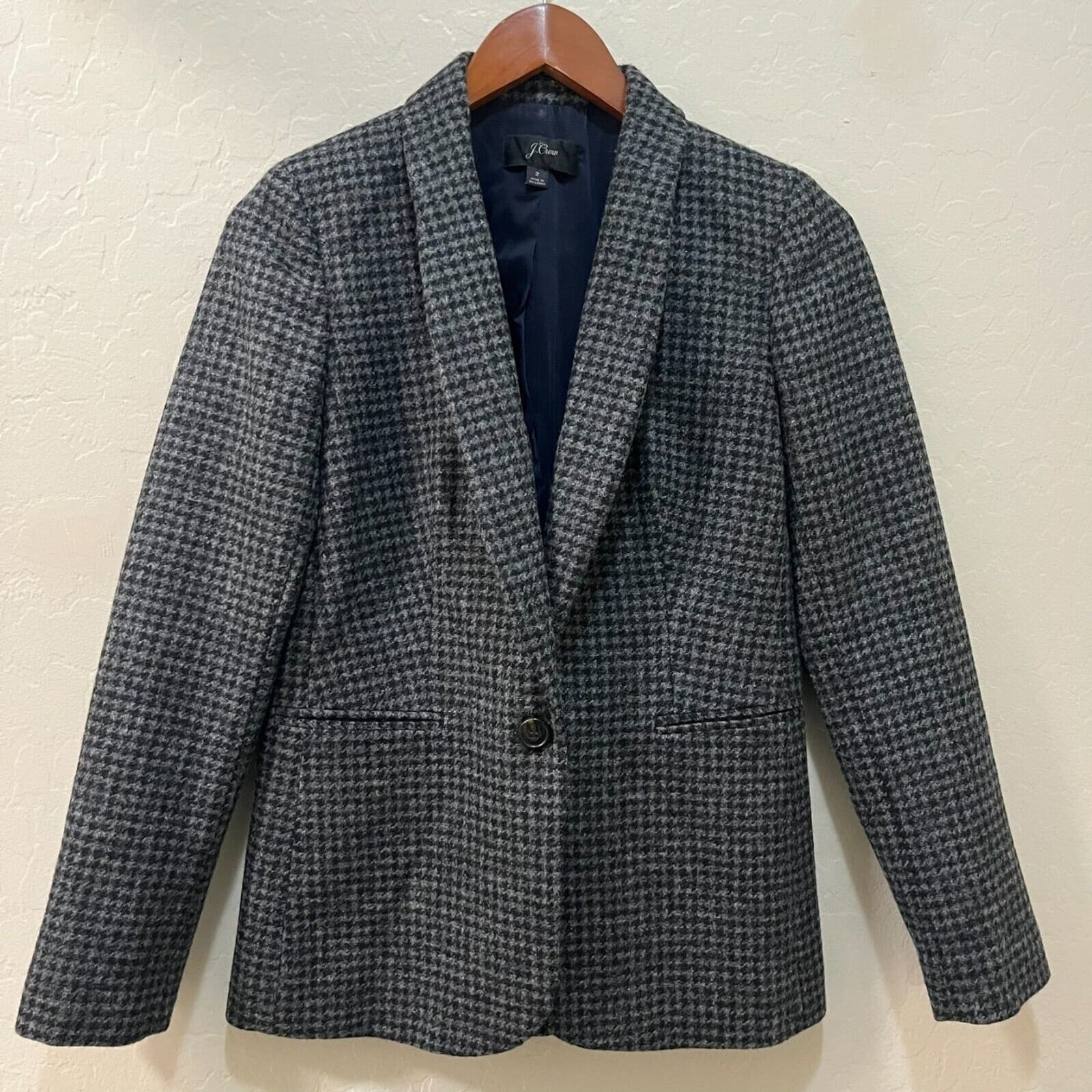 J. Crew Women's Schoolboy Blazer Size 2 Parke Gray Houndstooth 100% Wool Career - Thumbnail 2