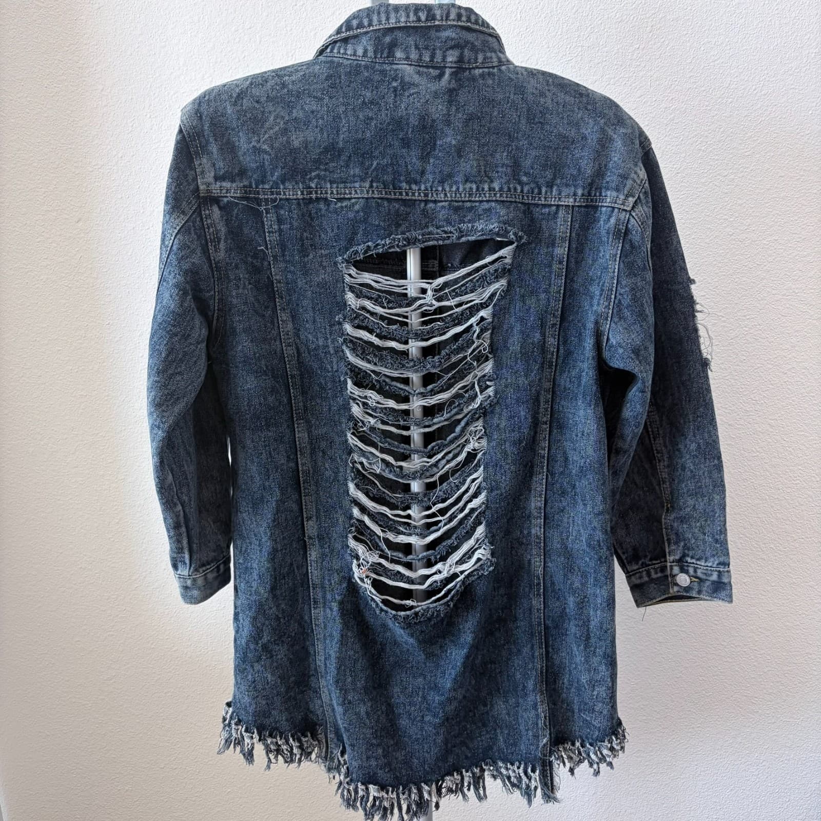 THRILLS Denim Shirt Dress Sz L Distressed Button Grunge Hobo Frayed Hem Festival - Thumbnail 3