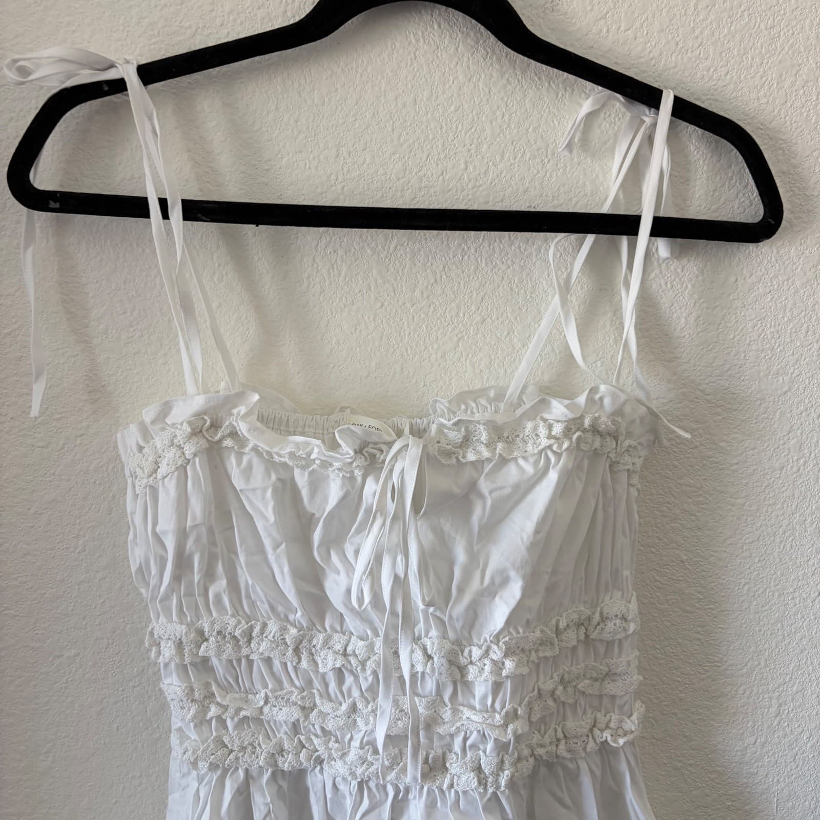 Oak + Fort Smocked Crochet Trim Midi Dress Womens XS White Tie Strap Pockets - Thumbnail 4