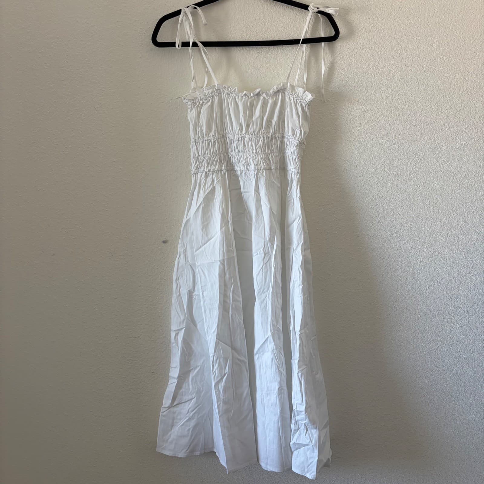 Oak + Fort Smocked Crochet Trim Midi Dress Womens XS White Tie Strap Pockets - Thumbnail 5