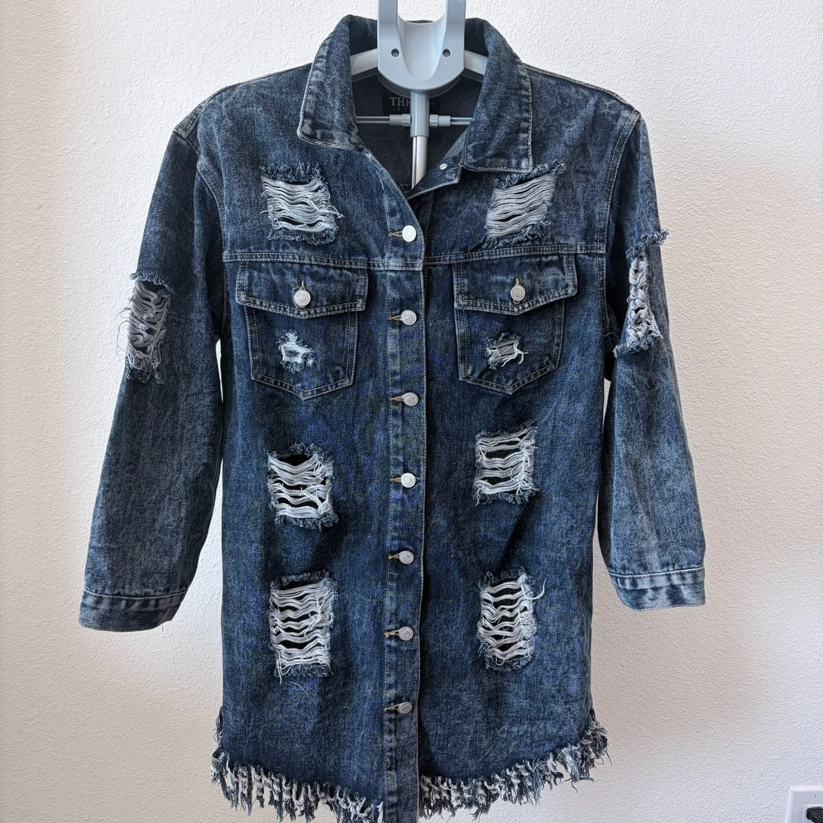 THRILLS Denim Shirt Dress Sz L Distressed Button Grunge Hobo Frayed Hem Festival - Thumbnail 2