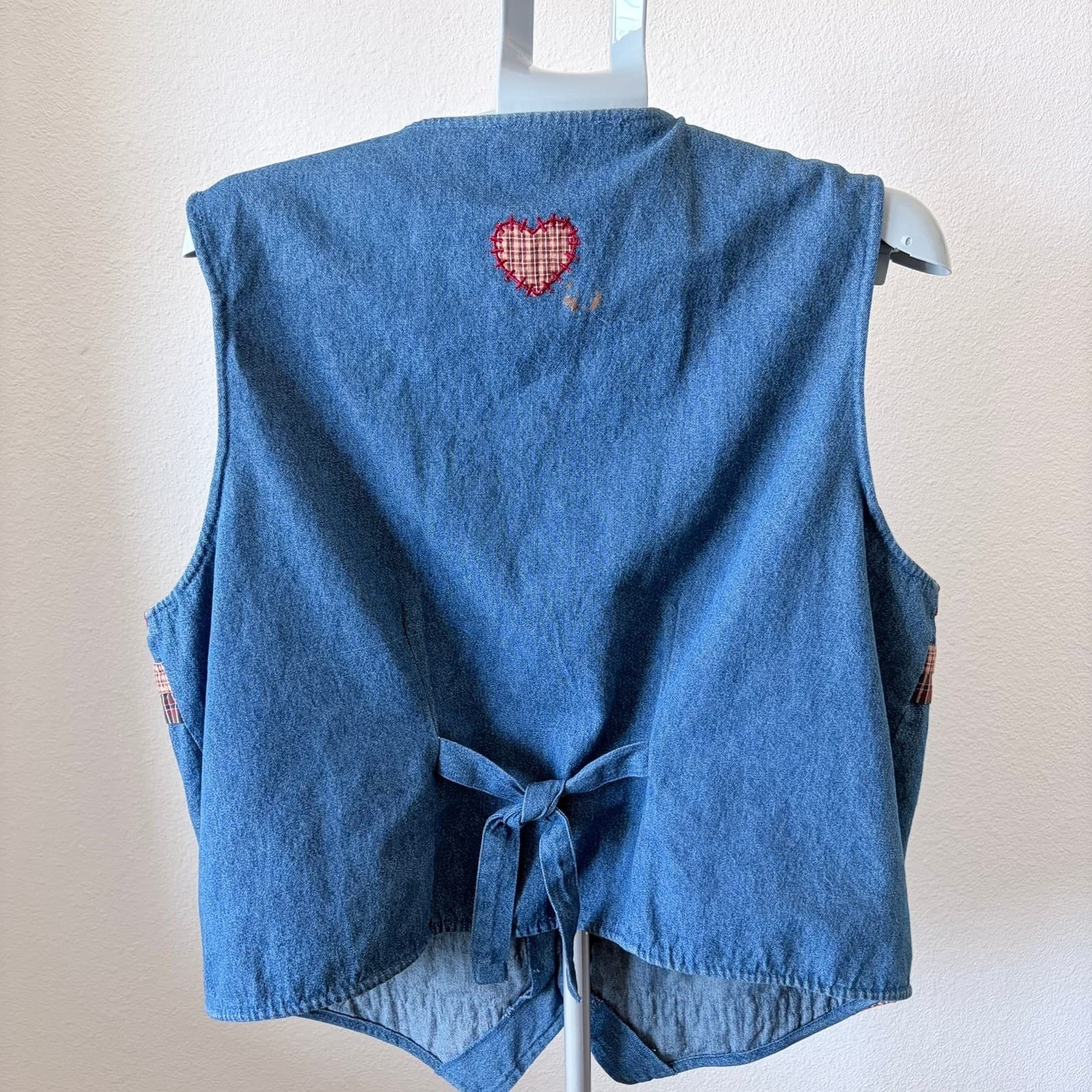 Vintage Denim Farm Vest Embroidered Cow Rooster Plaid Ruffles XL Grandma Novelty - Thumbnail 7