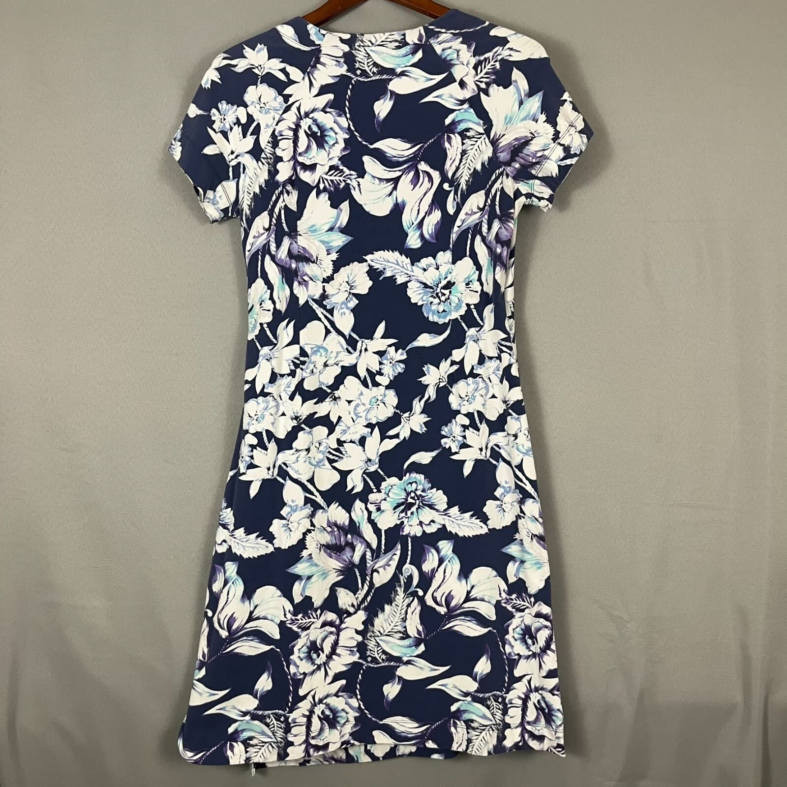 Soft Surroundings Sheath Dress Women's M Blue White Floral Stretch Surplice Neck - Thumbnail 4