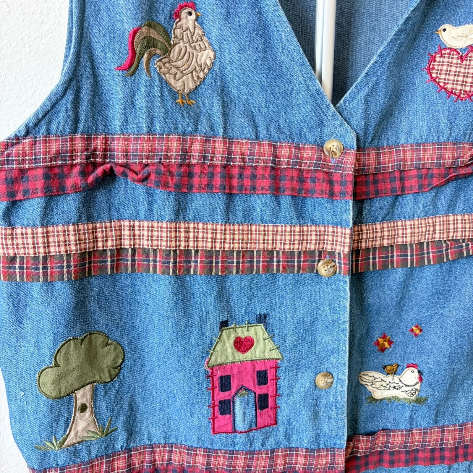 Vintage Denim Farm Vest Embroidered Cow Rooster Plaid Ruffles XL Grandma Novelty - Thumbnail 3