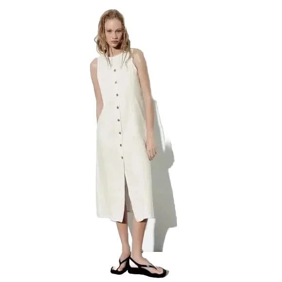 Zara Button-Down Dress Small White Denim Sleeveless Round Neck Front Buttons - Thumbnail 3
