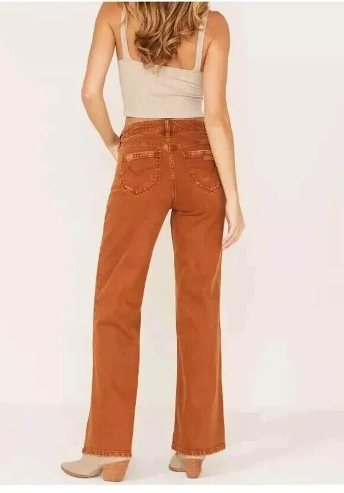 Cloe + Wolf Wide Leg Jeans Women 31X32 Copper Brown Denim Distressed Button Fly - Thumbnail 2