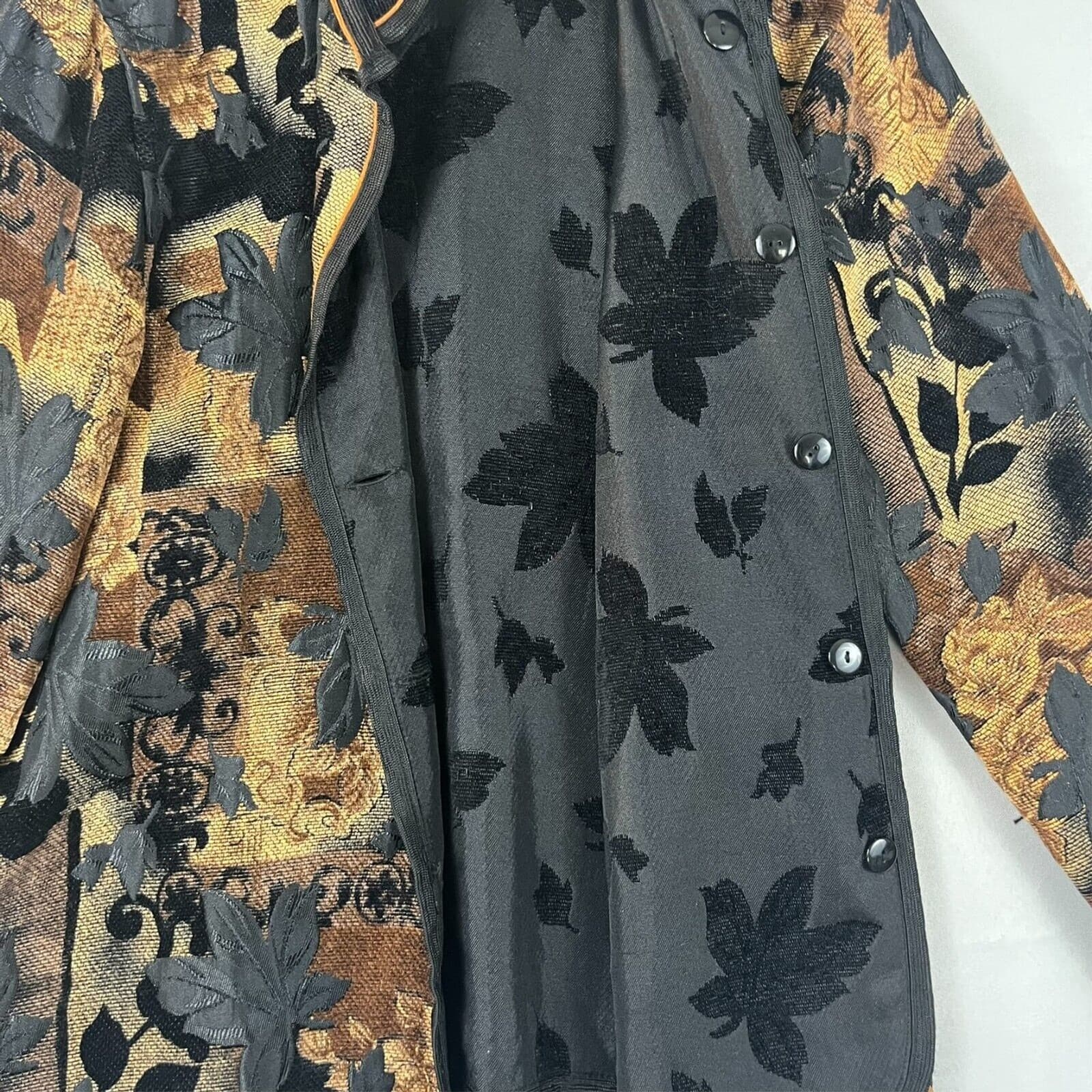 Women Reversible Tapestry Jacket Mrd Brown Fall Leaves Coat Cottage Countryside - Thumbnail 2