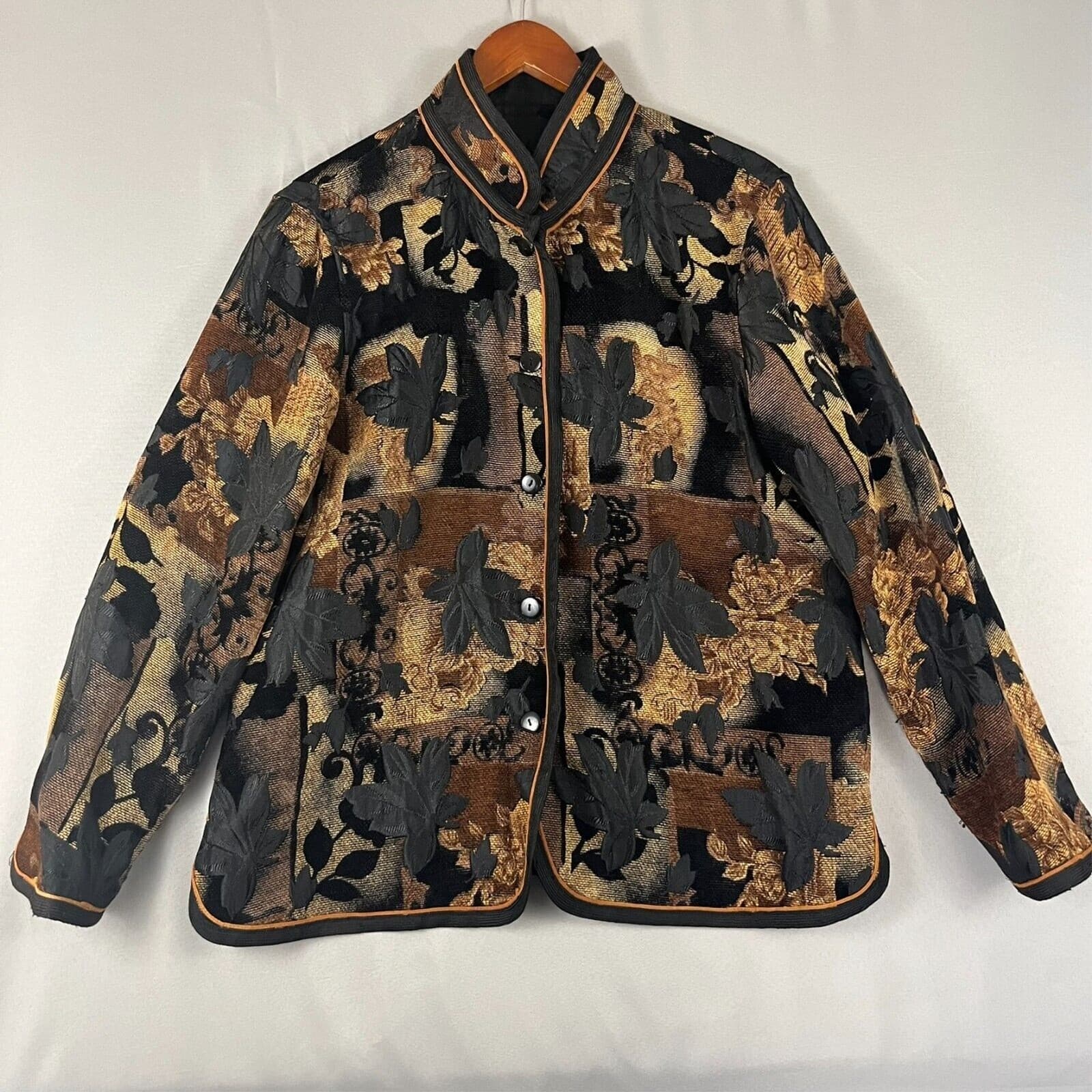 Women Reversible Tapestry Jacket Mrd Brown Fall Leaves Coat Cottage Countryside - Thumbnail 5
