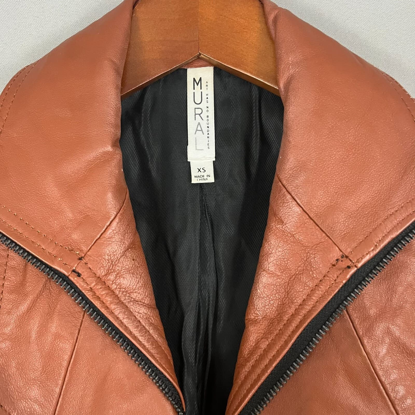 Mural Womens XS Brown Leather Vest Moto Asymmetrical Wool Chic Edgy Biker Zip Up - Thumbnail 3
