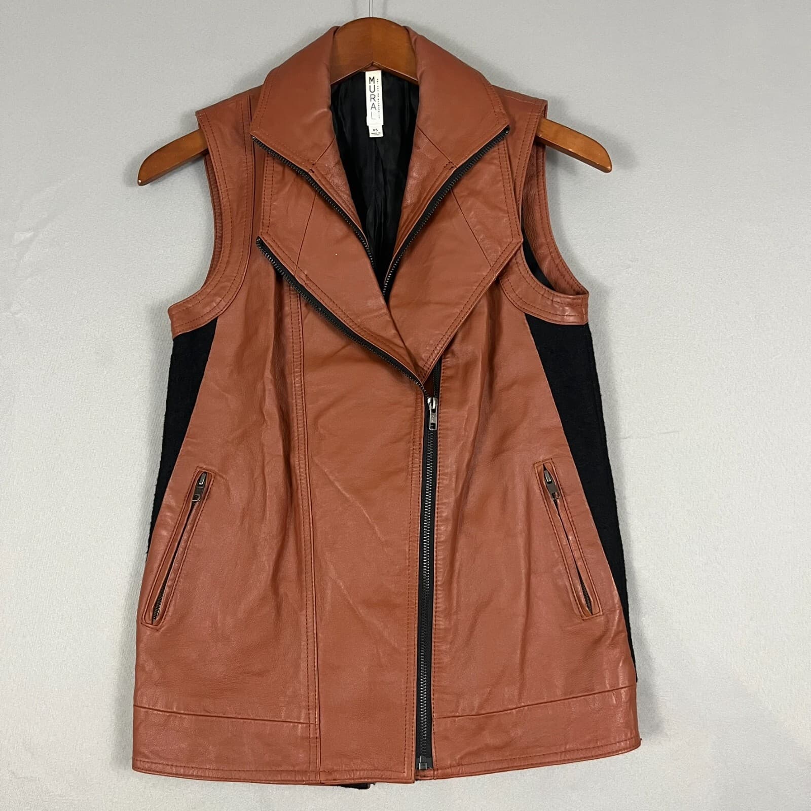 Mural Womens XS Brown Leather Vest Moto Asymmetrical Wool Chic Edgy Biker Zip Up - Thumbnail 2