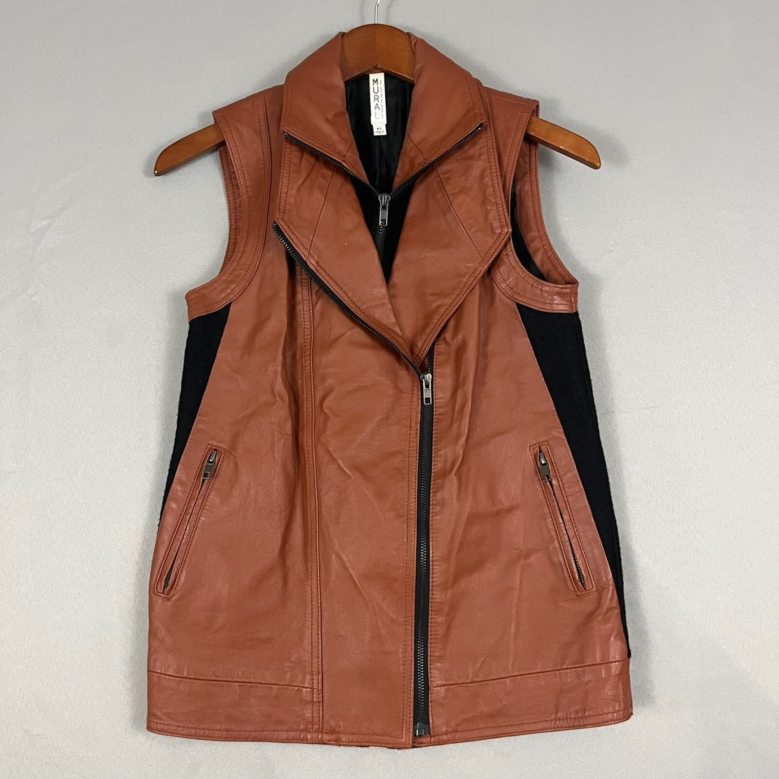 Mural Womens XS Brown Leather Vest Moto Asymmetrical Wool Chic Edgy Biker Zip Up - Thumbnail 5