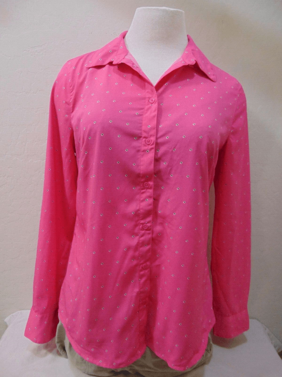 Merona Button Blouse Shirt Relaxed Fit Shrink Resistant Pink W/ Dots - Size XL - Thumbnail 2