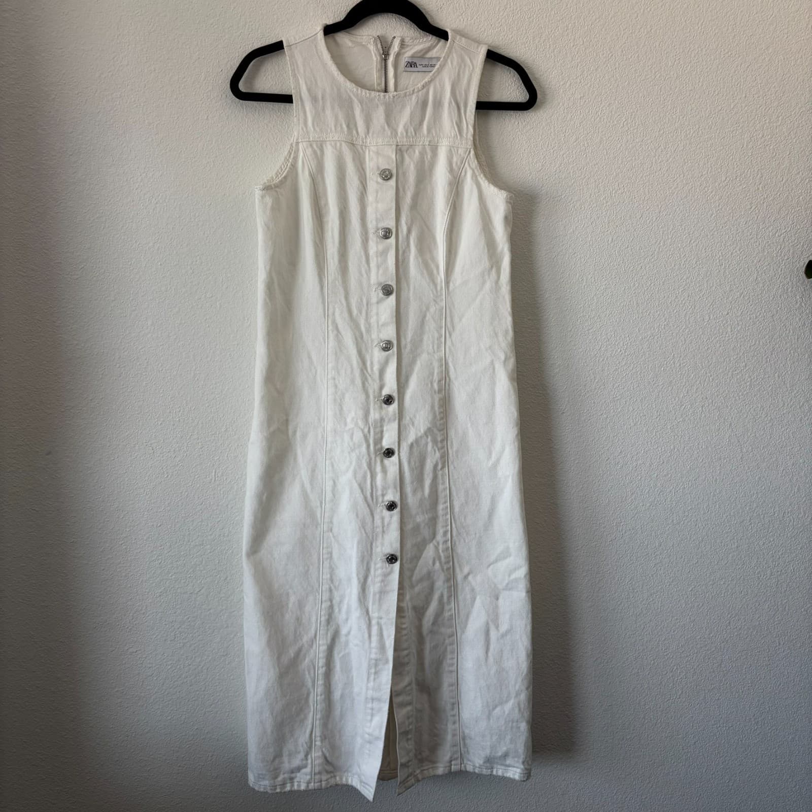 Zara Button-Down Dress Small White Denim Sleeveless Round Neck Front Buttons - Thumbnail 2
