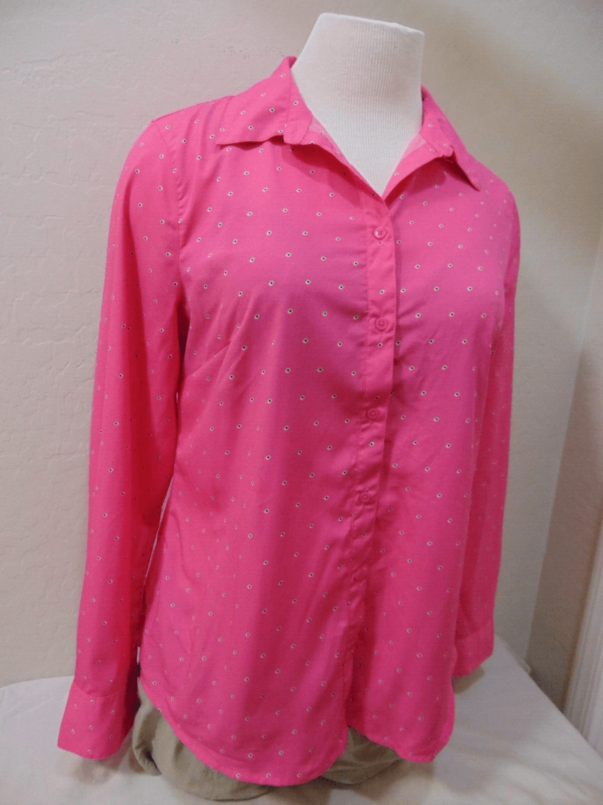Merona Button Blouse Shirt Relaxed Fit Shrink Resistant Pink W/ Dots - Size XL - Thumbnail 3