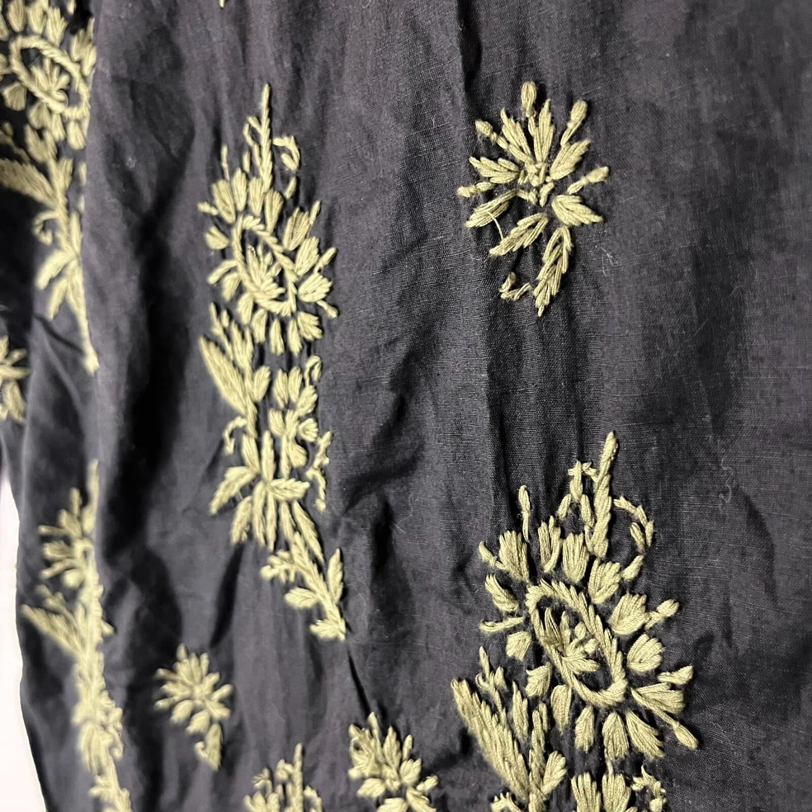 Novica Black & Sage Green LG Cotton Tunic with Hand Embroidered Details Boho - Thumbnail 7