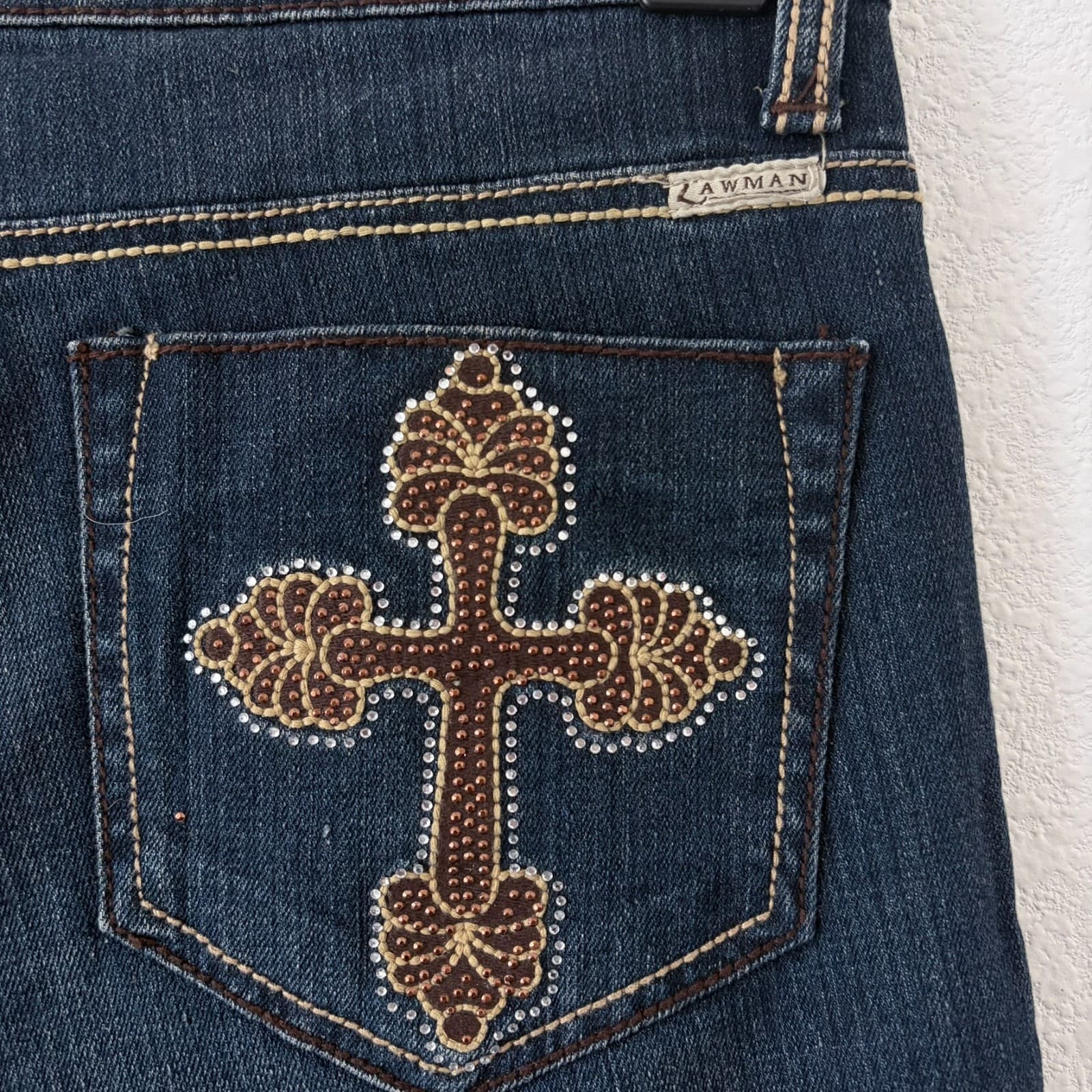 Lawman Bootcut Jeans Size 7/8 Fleur-de-Lis Embellished Y2K RN58389 Stretch Denim - Thumbnail 2