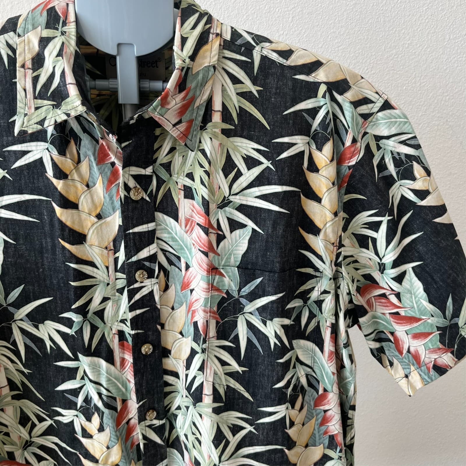 Cooke Street Honolulu Reverse Print Aloha Shirt Men LG Faded Tropical Black Leaf - Thumbnail 2