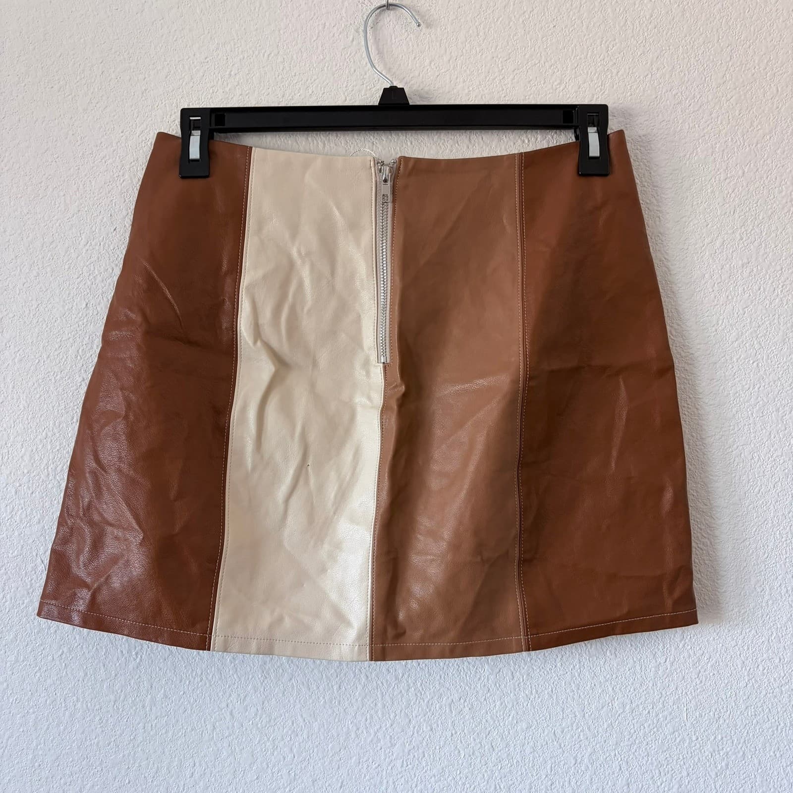 12th Tribe Brown Cream Colorblock Faux Leather Mini Skirt SS6134 Womens Large - Thumbnail 3