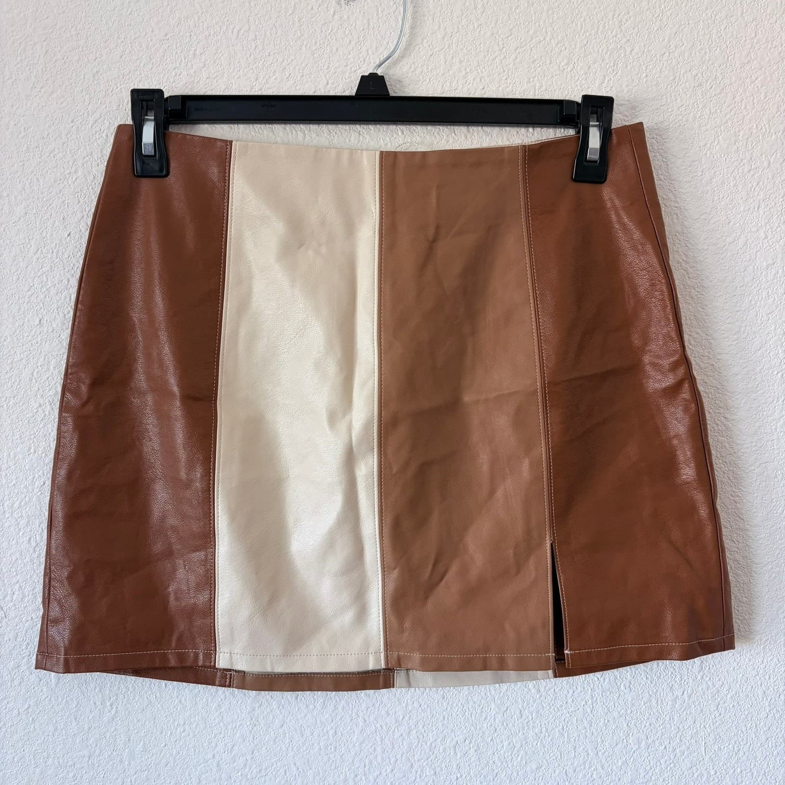 12th Tribe Brown Cream Colorblock Faux Leather Mini Skirt SS6134 Womens Large - Thumbnail 2