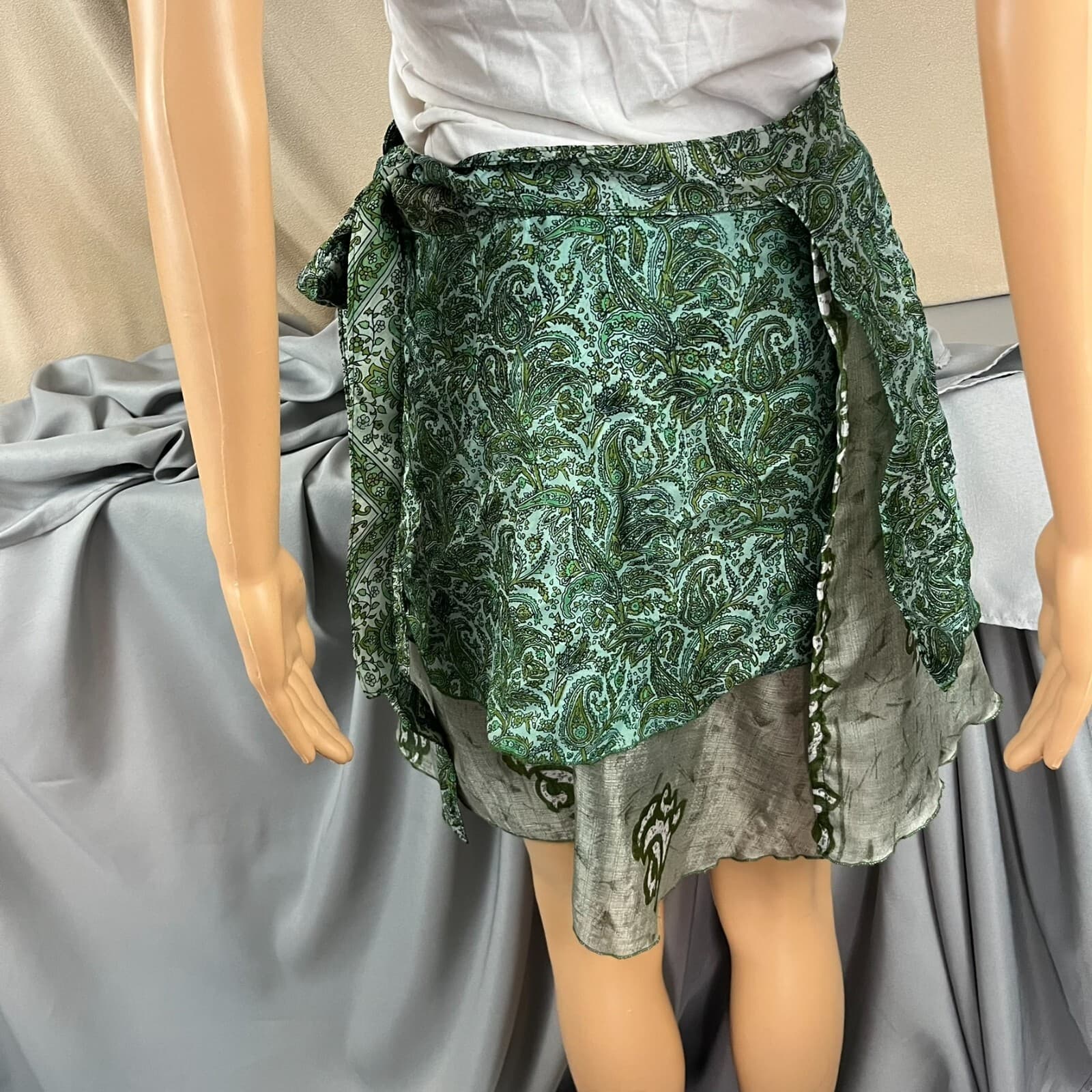 Womens Wrap Skirt Green Paisley Tiered Flowy Bohemian Hippie Magic Festival OS - Thumbnail 3