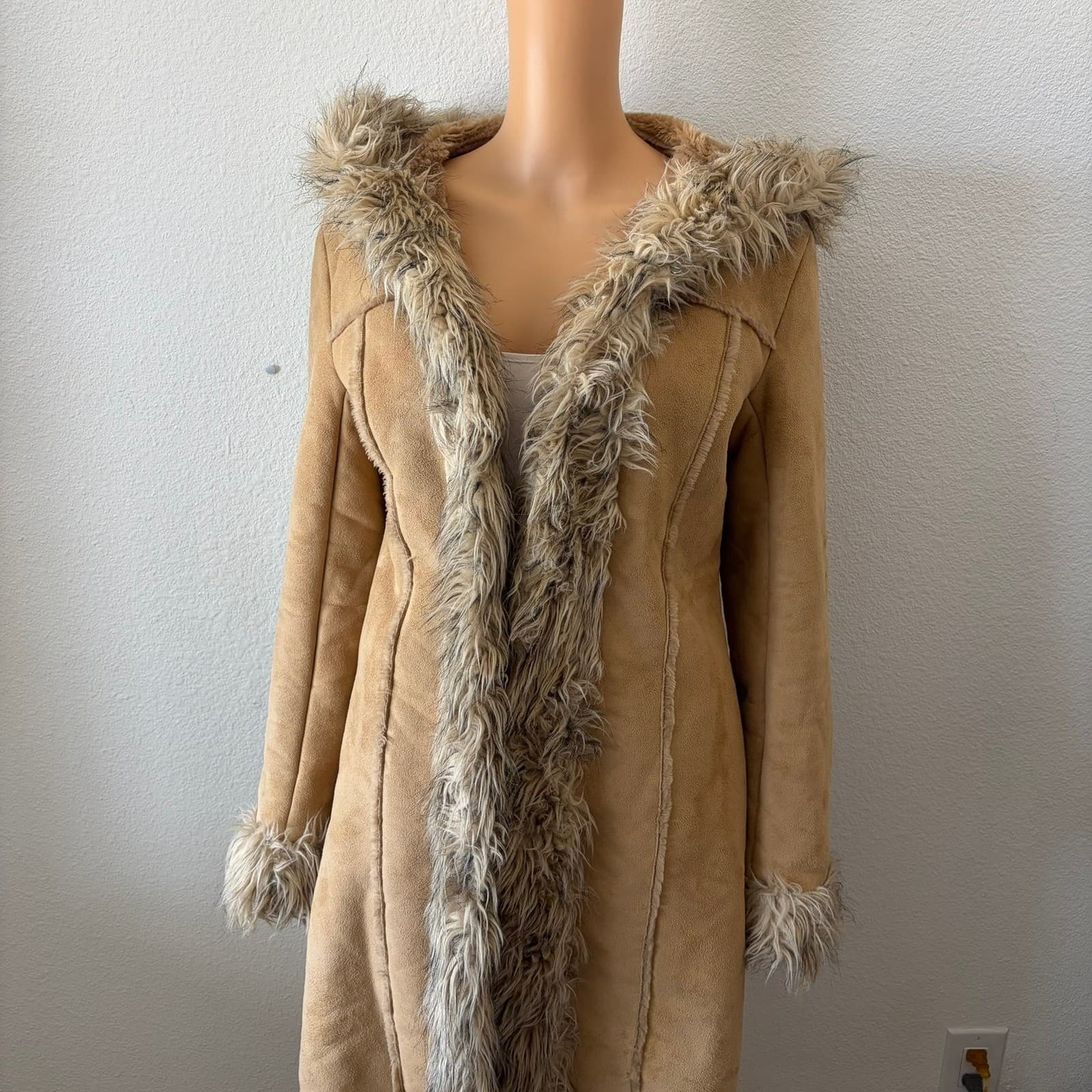 Blanc Noir Penny Lane Coat Womens Medium Tan Faux Suede Fur Trim Hooded Y2K Boho - Thumbnail 9
