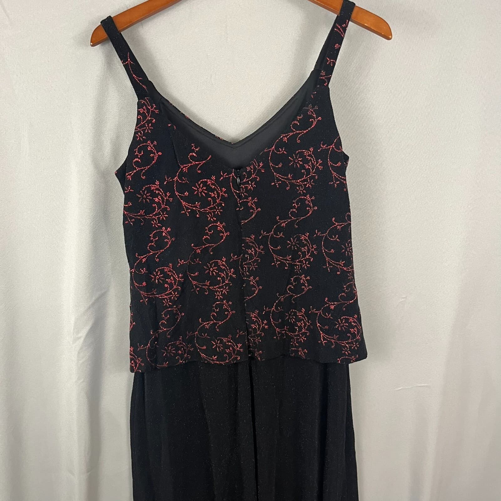 VTG Alex Evenings Maxi Gown Women's 10 Black Red Floral Glitter Sparkles V-Neck - Thumbnail 9