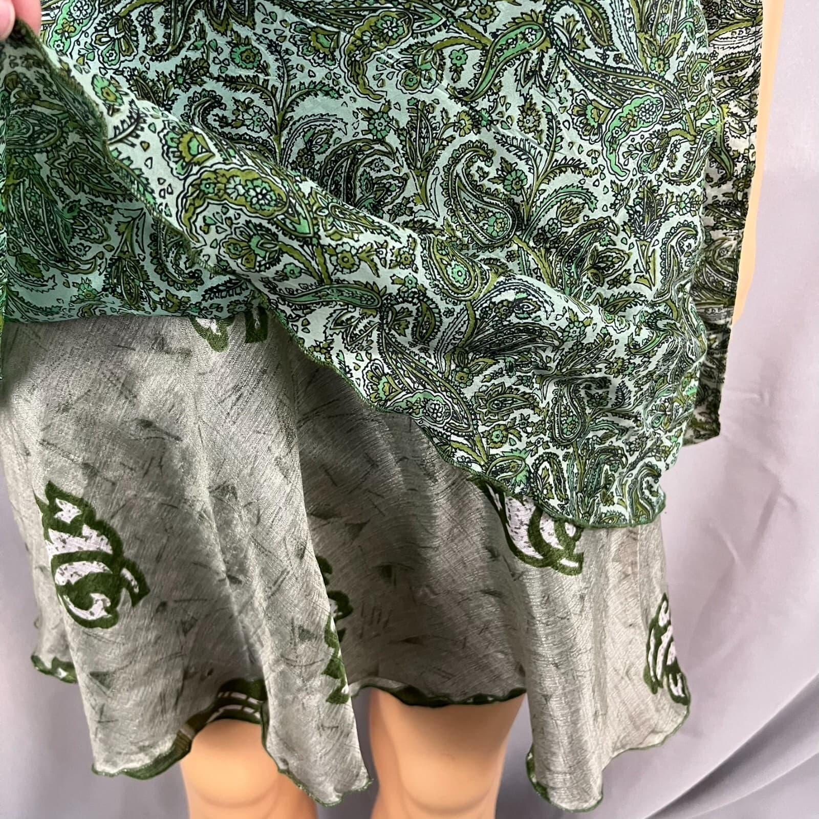 Womens Wrap Skirt Green Paisley Tiered Flowy Bohemian Hippie Magic Festival OS - Thumbnail 2